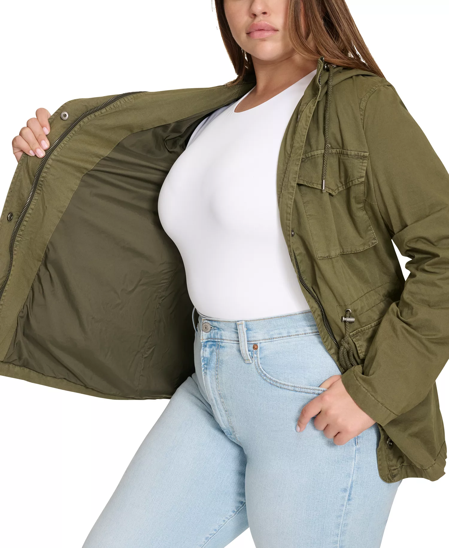 Plus Size Cotton Hooded Military Zip-Front Jacket  - Olive - 1X