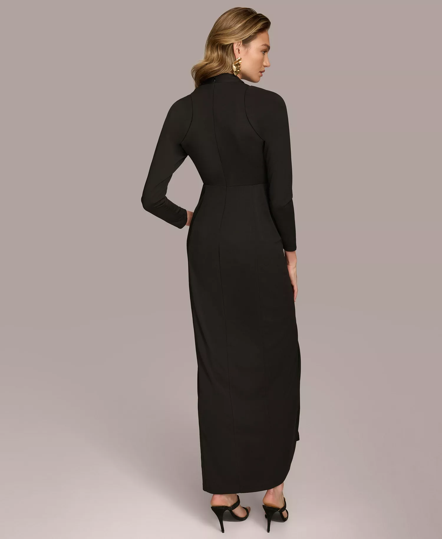 Women's Long Sleeve Front Slit Ruched Gown - BLACK - 10