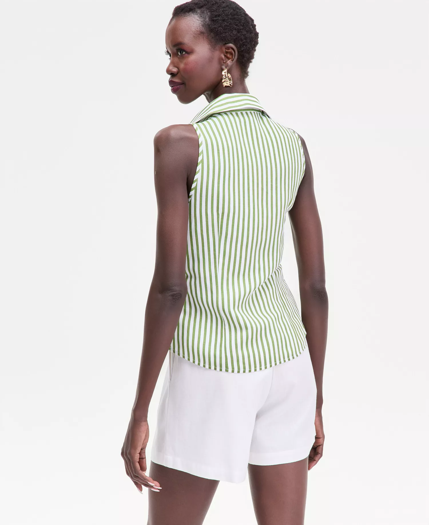 Women's Striped Linen Blend Sleeveless Collared Shirt, Macy's Exclusive  - Lora Green Stripe - L