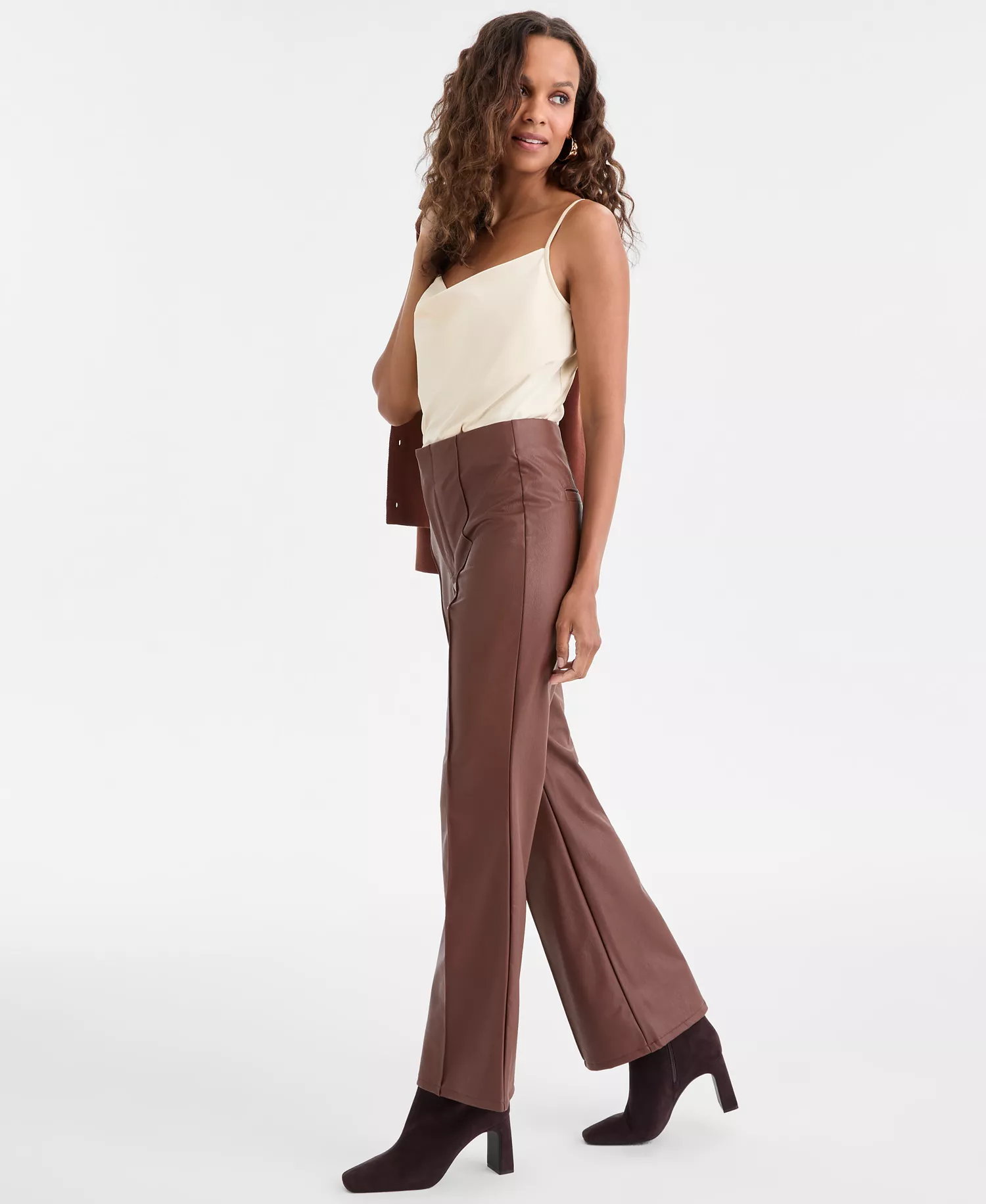 Petite Faux-Leather Flared Pants, Macy's Exclusive  - Moroccan Brown - 14P