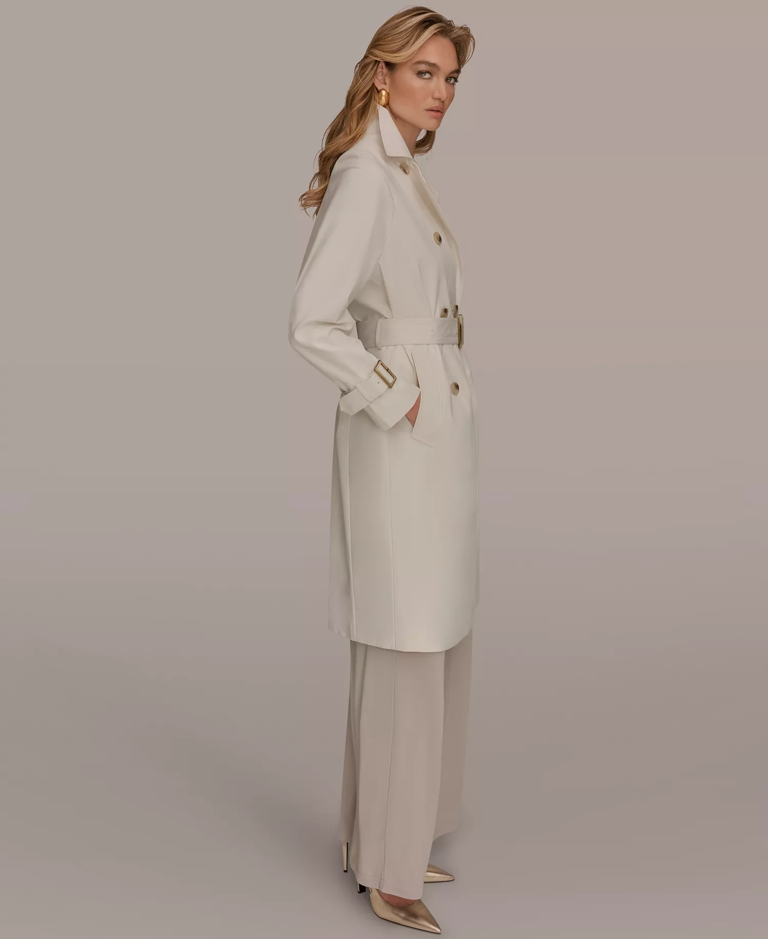Women's Double Breasted Belted Notch Collar Trench Coat - Cream - L