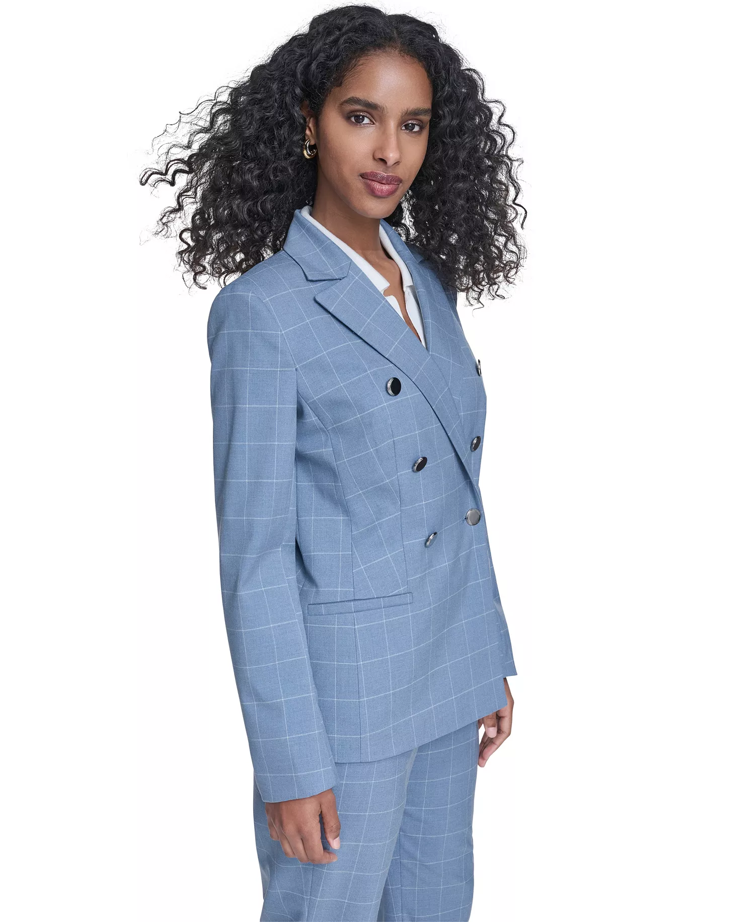 Women's Windowpane Double Breast Jacket, Sleeveless Collared Sweater, and Windowpane Modern Fit Pants - Light Flint/cream - 10