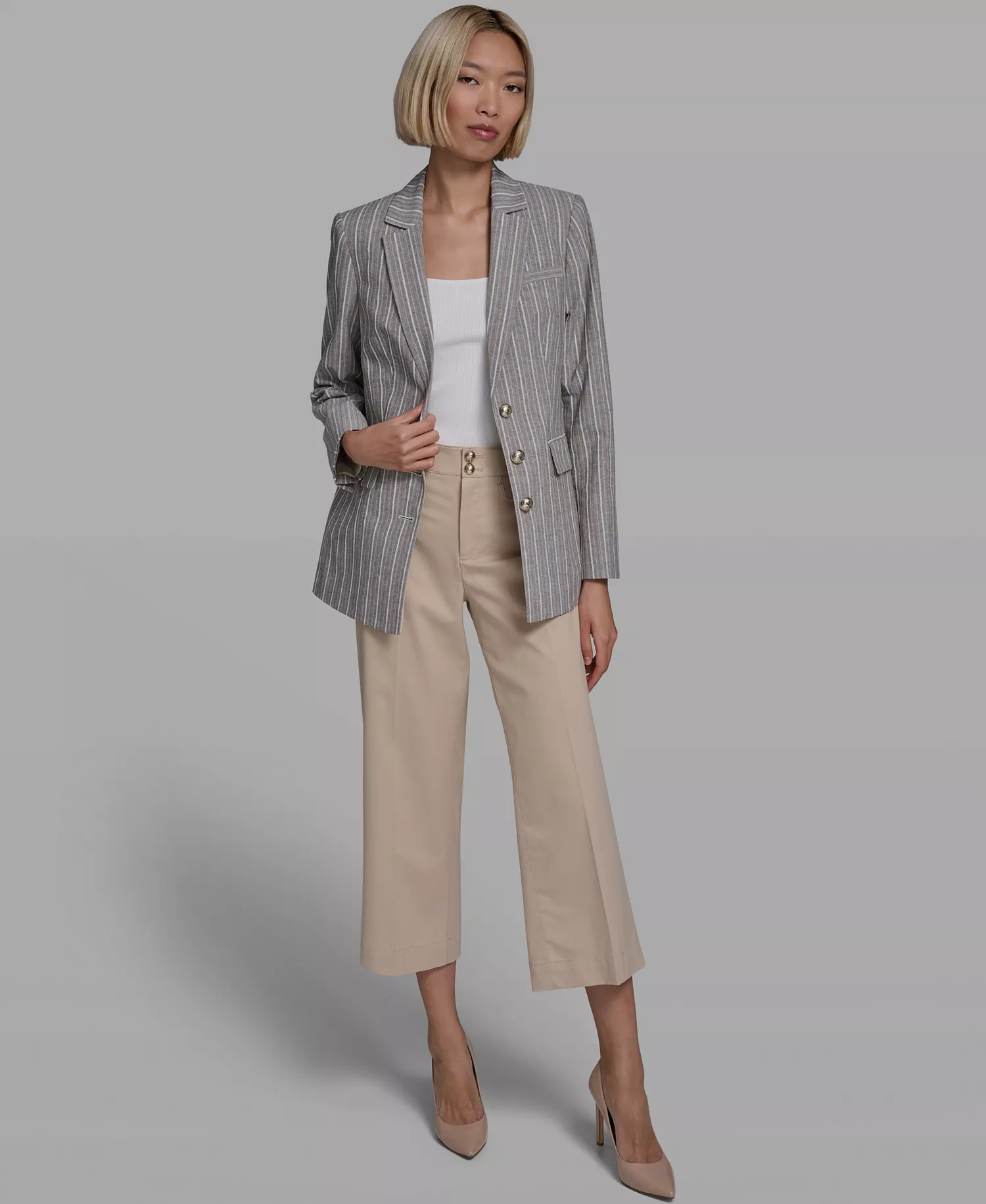Women's Collared Multi Stripe Jacket - Bisque Multi - 0