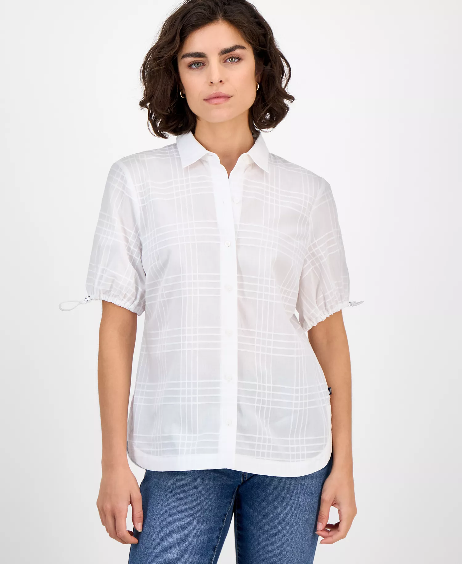 Nautica Women's Windowpane Bungee-Sleeve Camp Shirt - Bright White - L