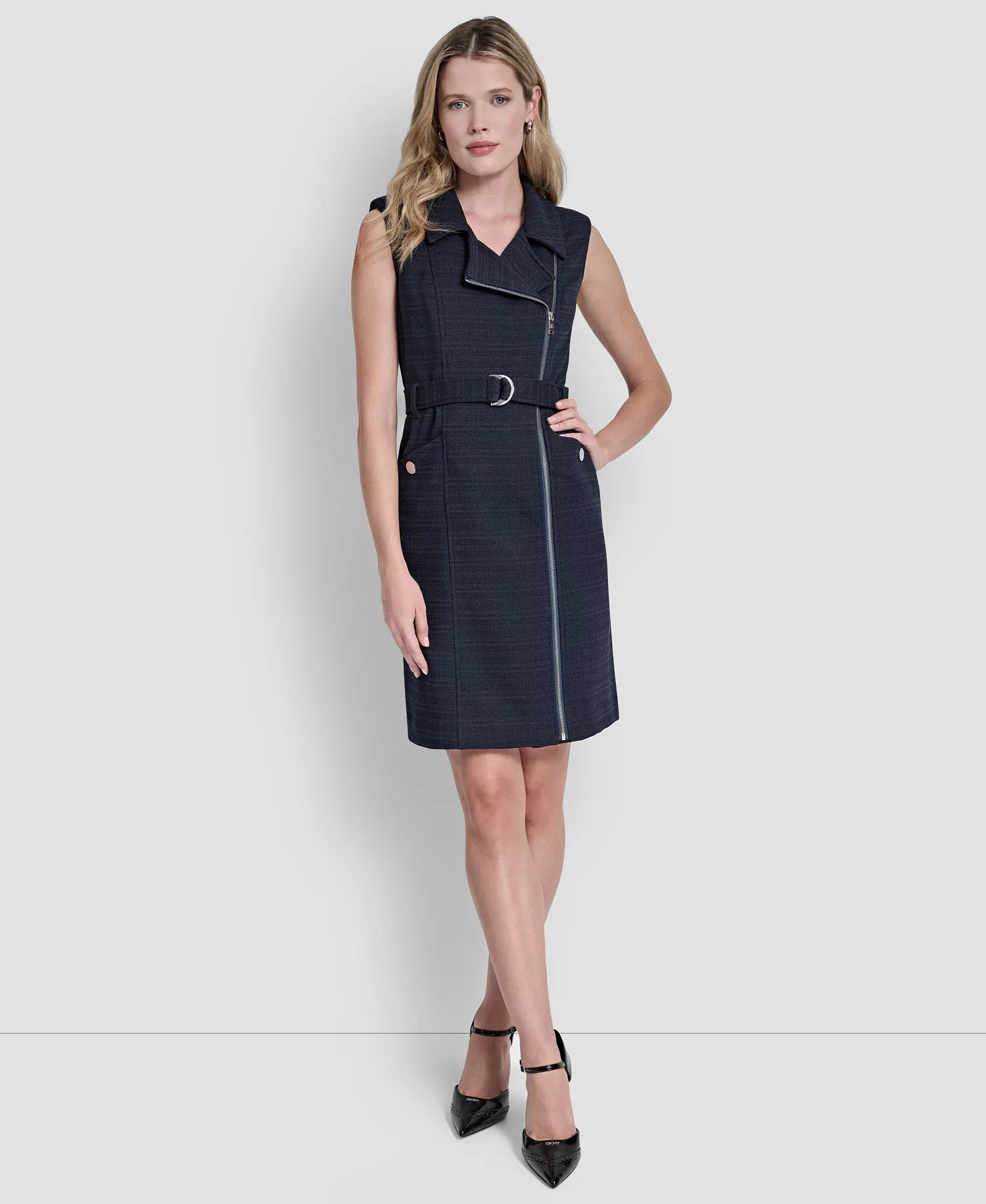 Women's Sleeveless Zipper Front Belted Jacket Dress - Midnight Navy - 10