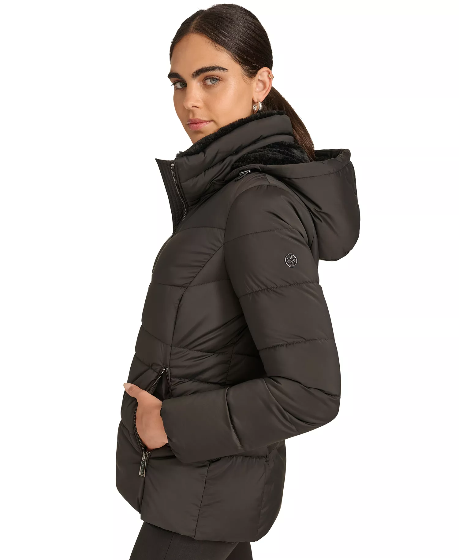 Petite Faux-Fur-Lined Hooded Puffer Coat - Black - PXXL