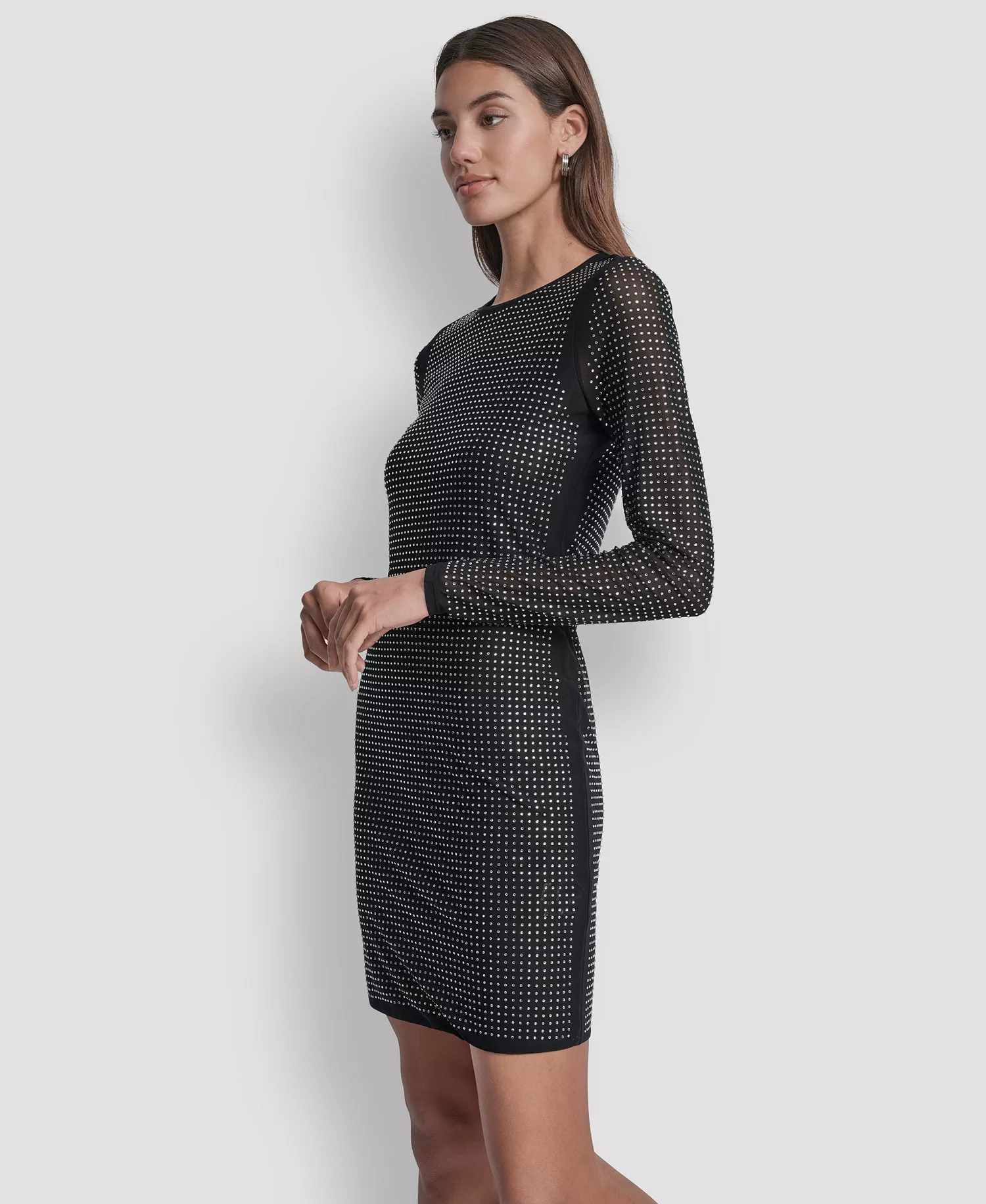 Women's Dome Studs Mesh Long Sleeve Dress - Black/Silver - L