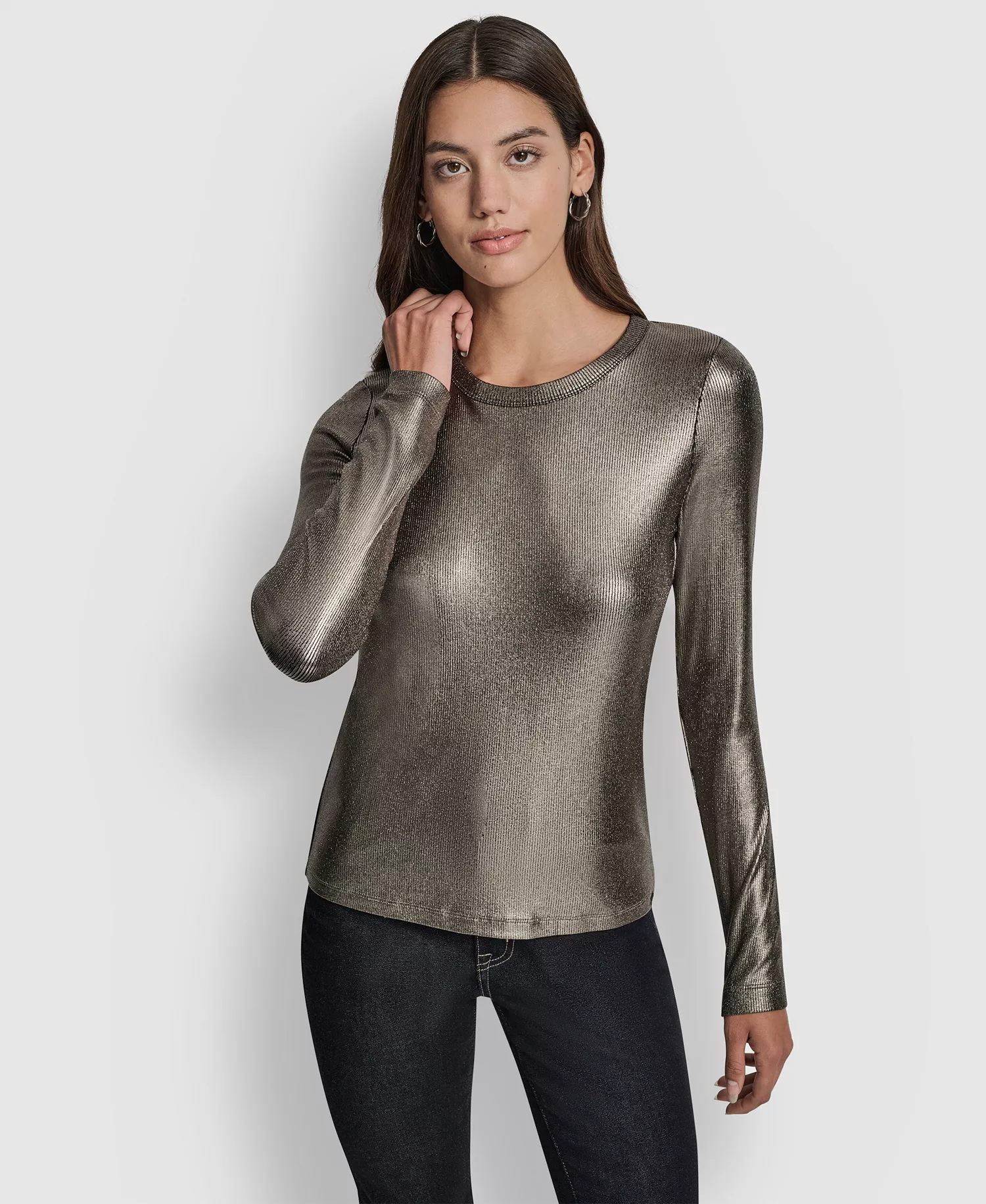 Women's Foil Rib Crewneck Long Sleeve Top - Black/Gunmetal - L