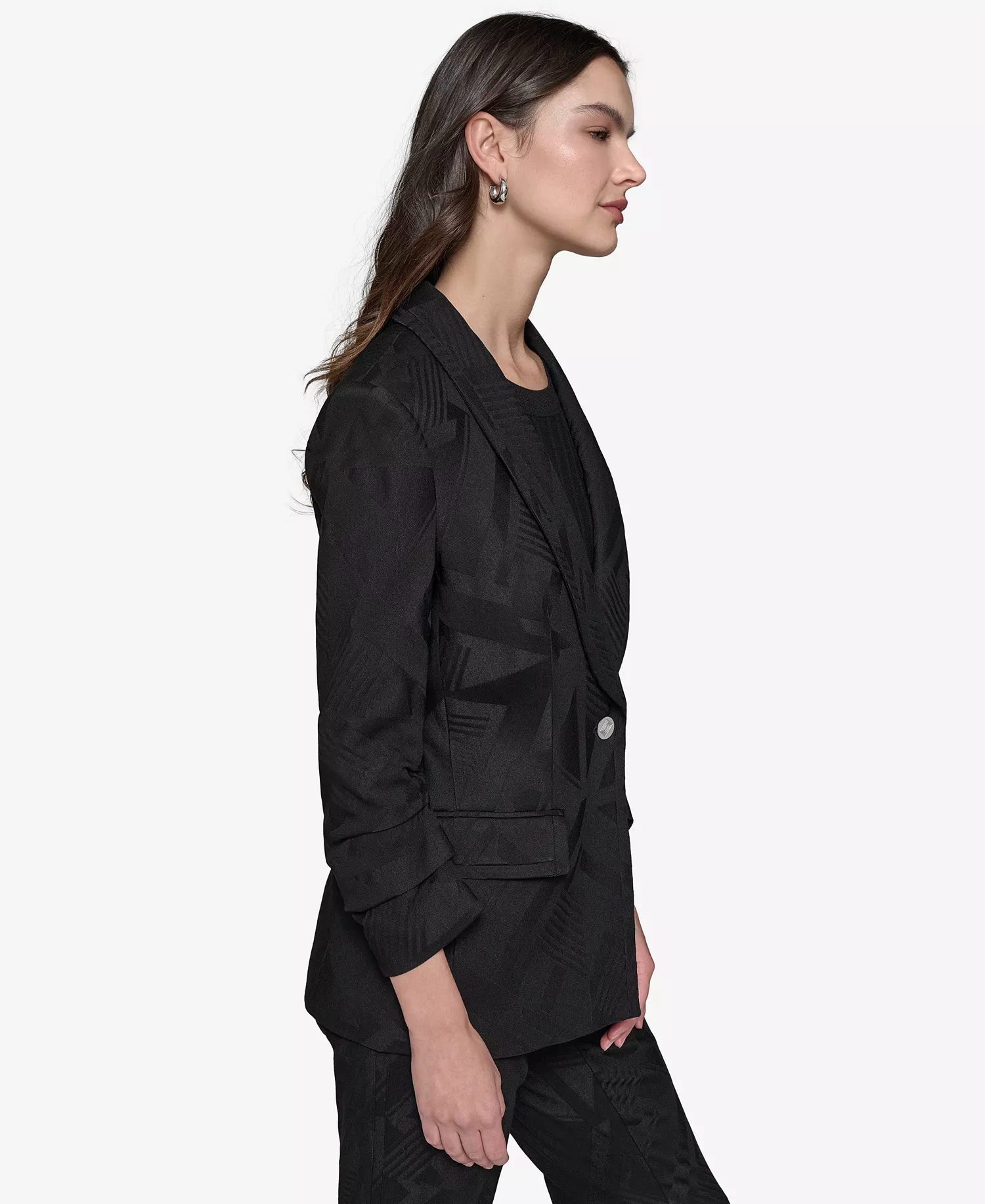 Jacquard Shawl-Collar Blazer, Tie-Neck Blouse & Jacquard Wide-Leg Pants - Black - 10