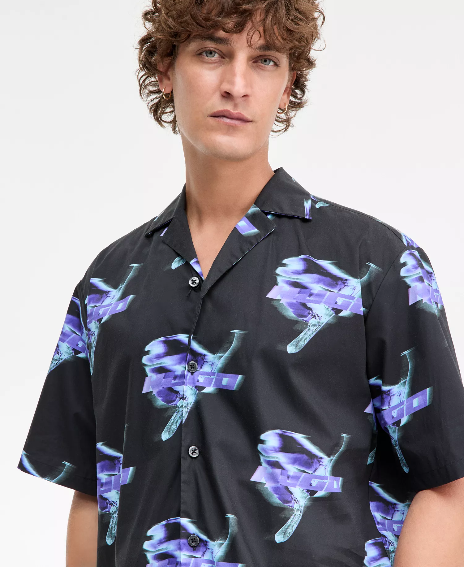 Eligino Short Sleeve Logo Print Button-Front Camp Shirt - black - 2XL