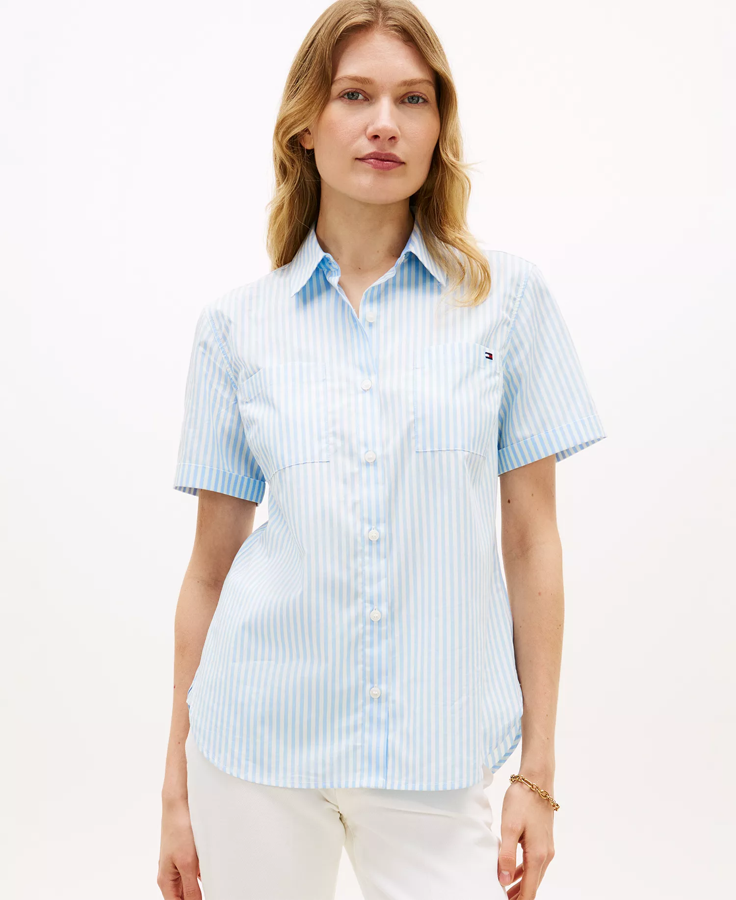 Women's Striped Poplin Short-Sleeve Shirt - Banker Stripe Vessel Blue / White - L