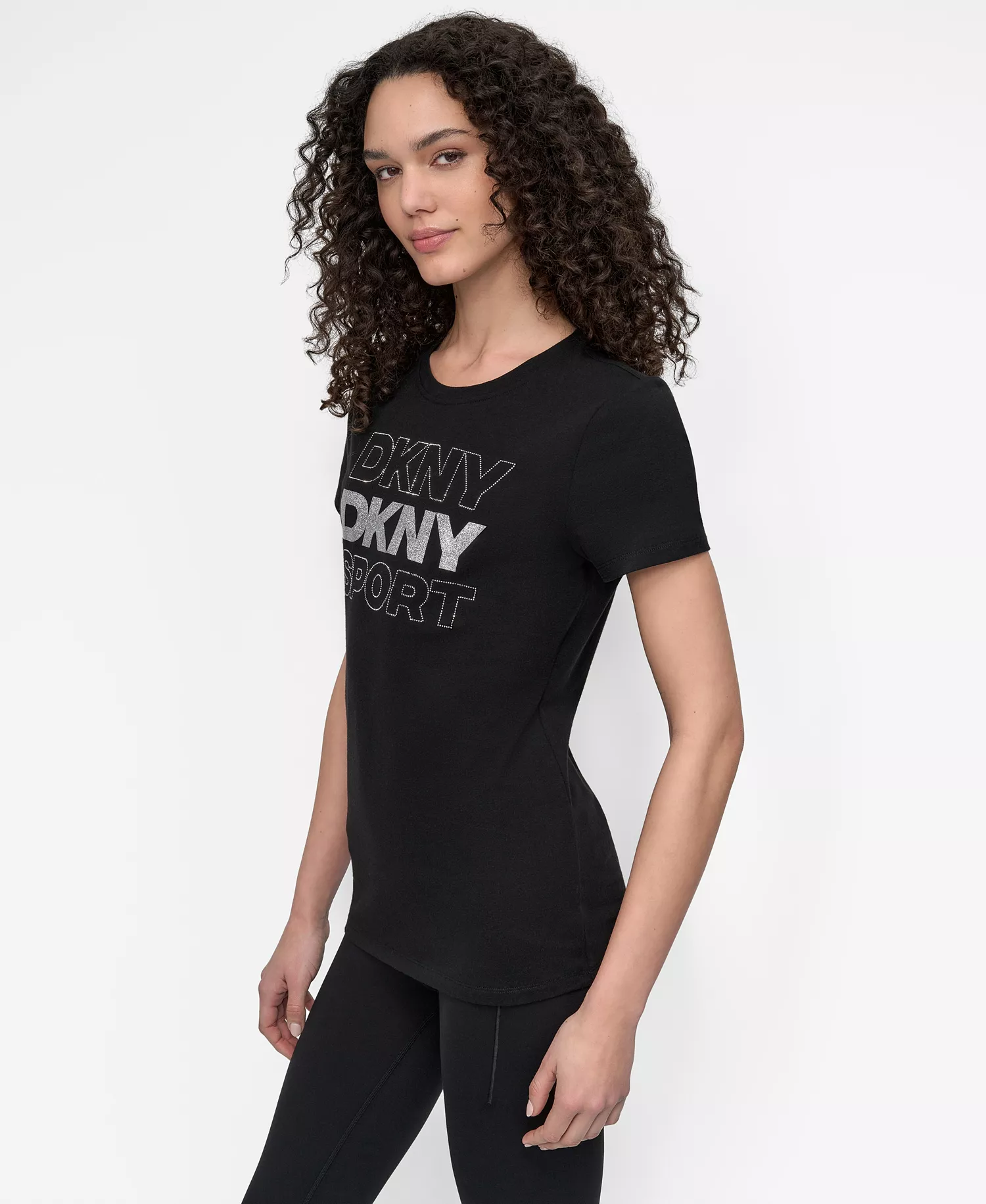 DKNY Women's Sport Glitter Logo Crew Neck T-shirt - Black/silver - L