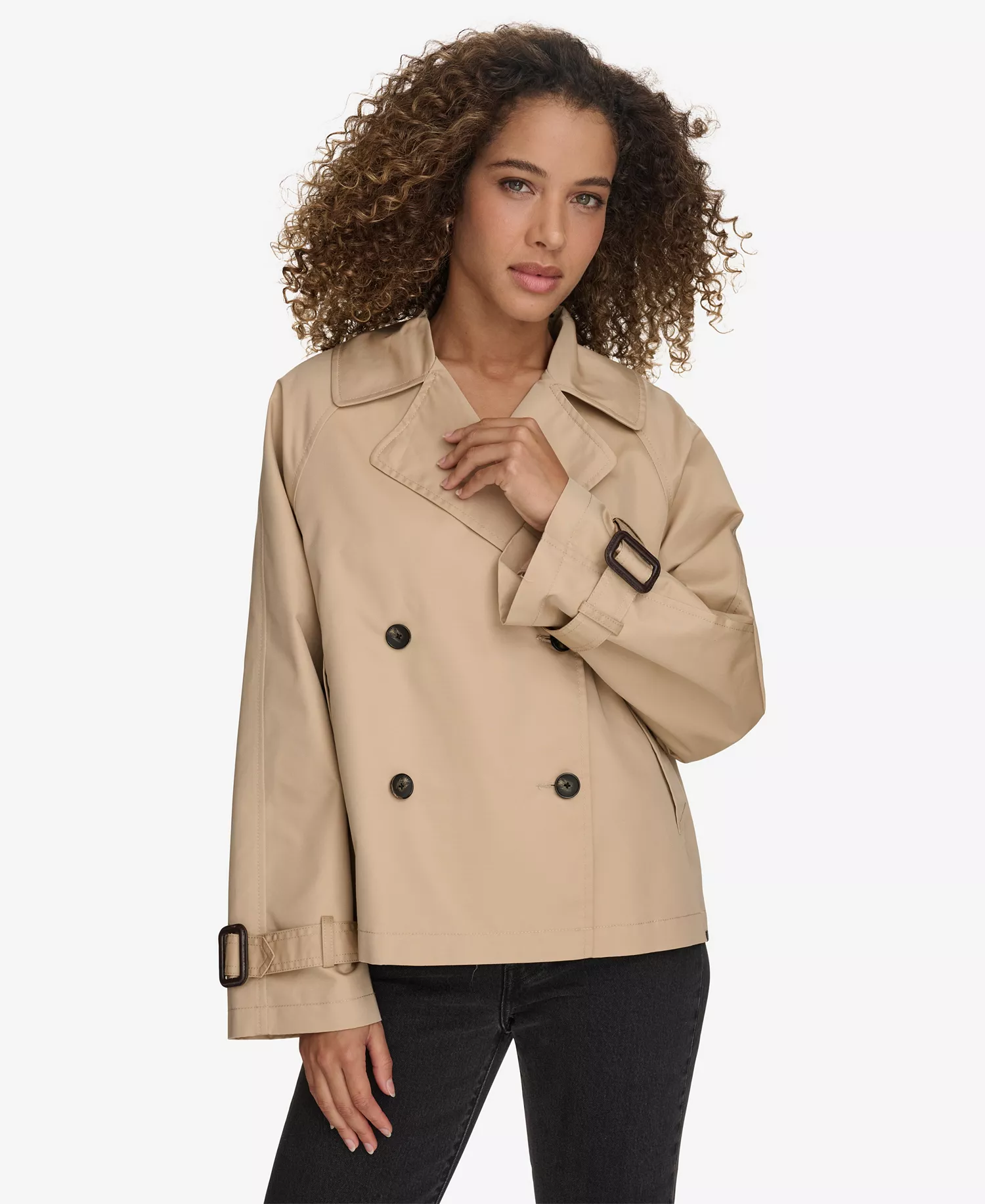 Women's Regular Short Double Breasted Trench Coat - Khaki - L