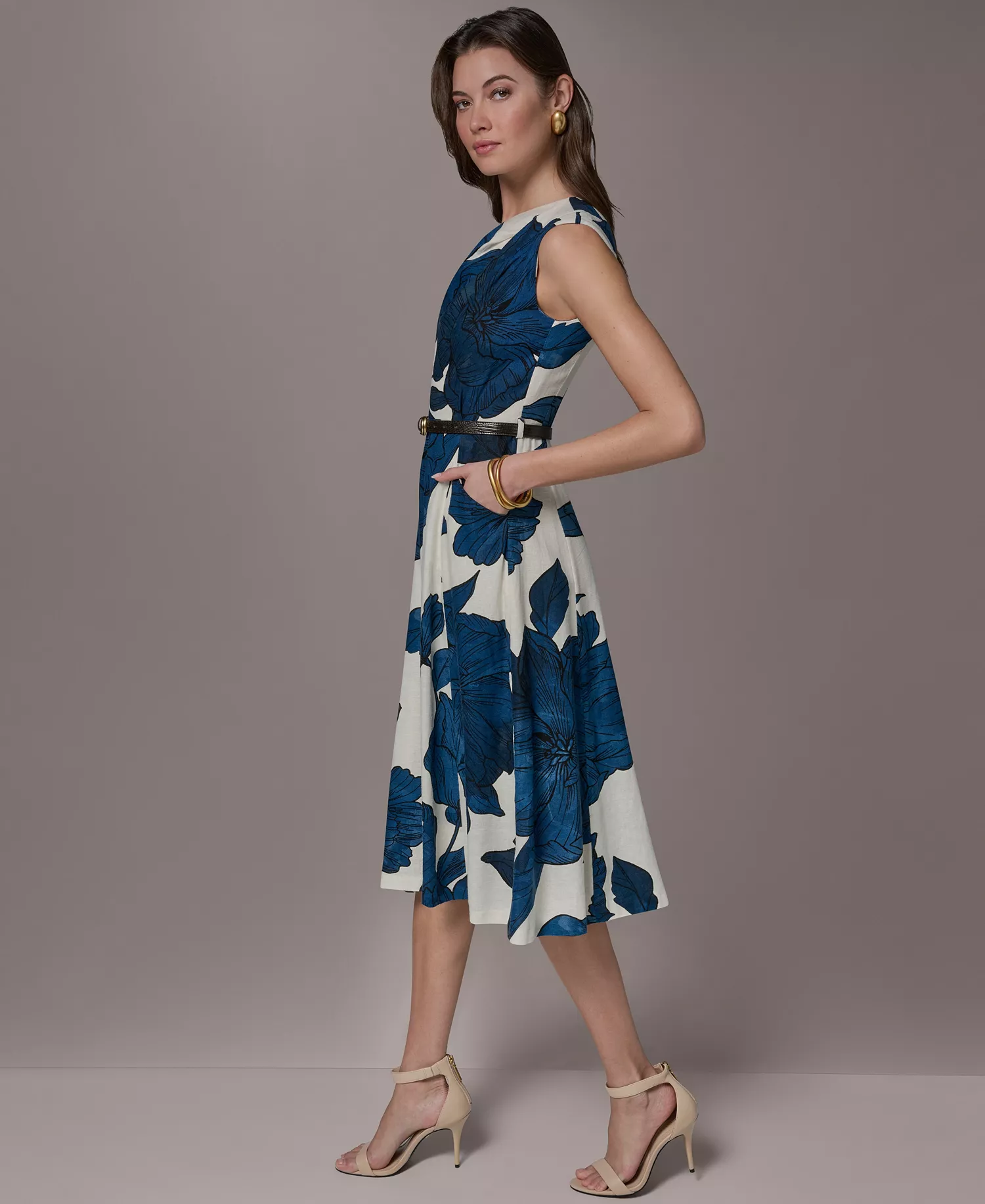Women's Asymmetrical Neck A-Line Midi Dress - Cream/Nightfall Multi - 10