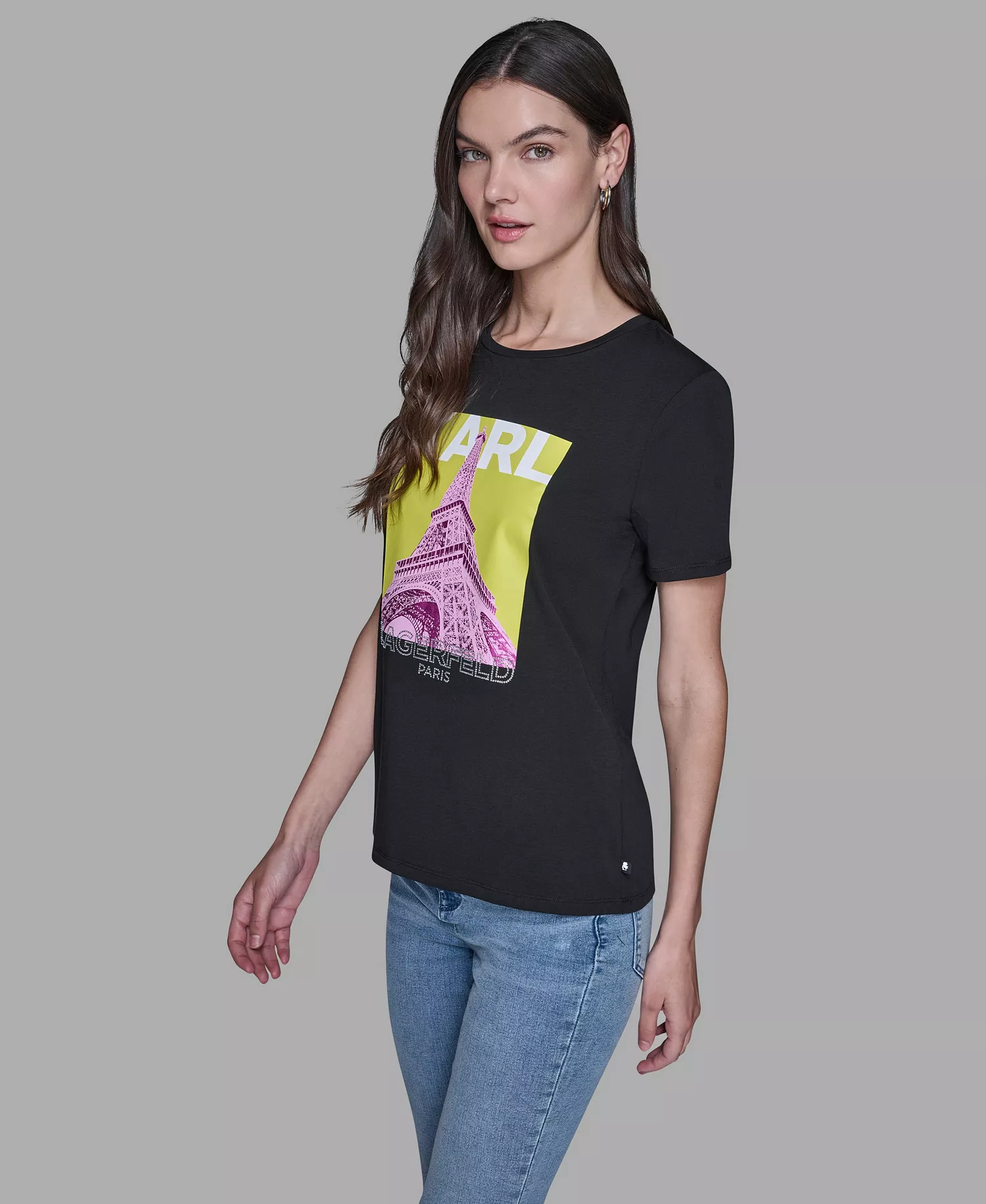 Women's Eiffel Tower Printed Short-Sleeve T-Shirt - Black/Pink - L