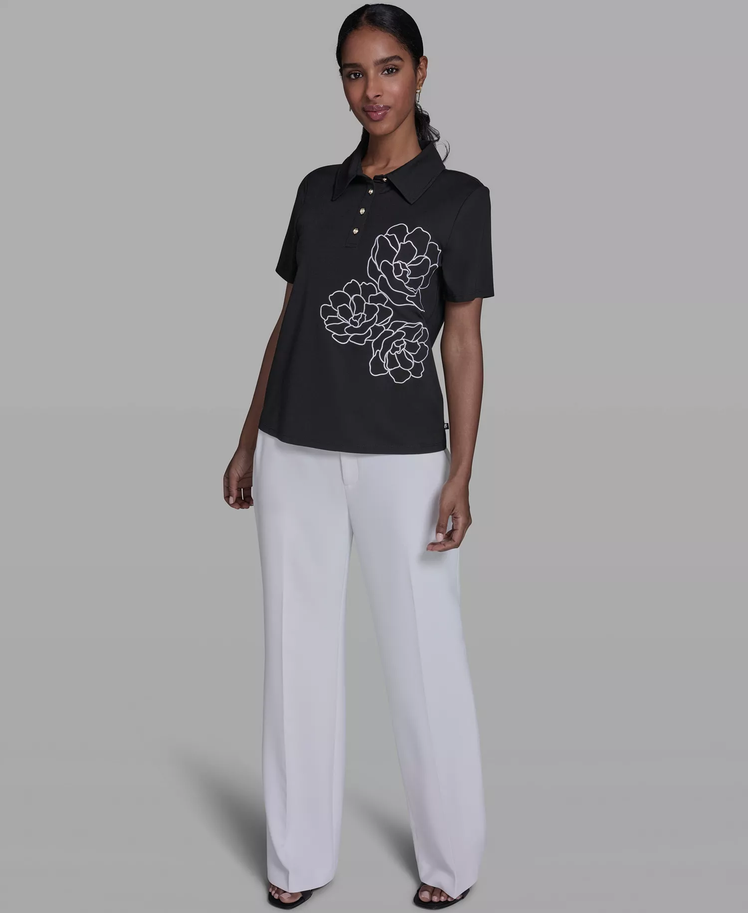 Women's Short-Sleeve Rose Embroidered Collared Blouse - Black - L