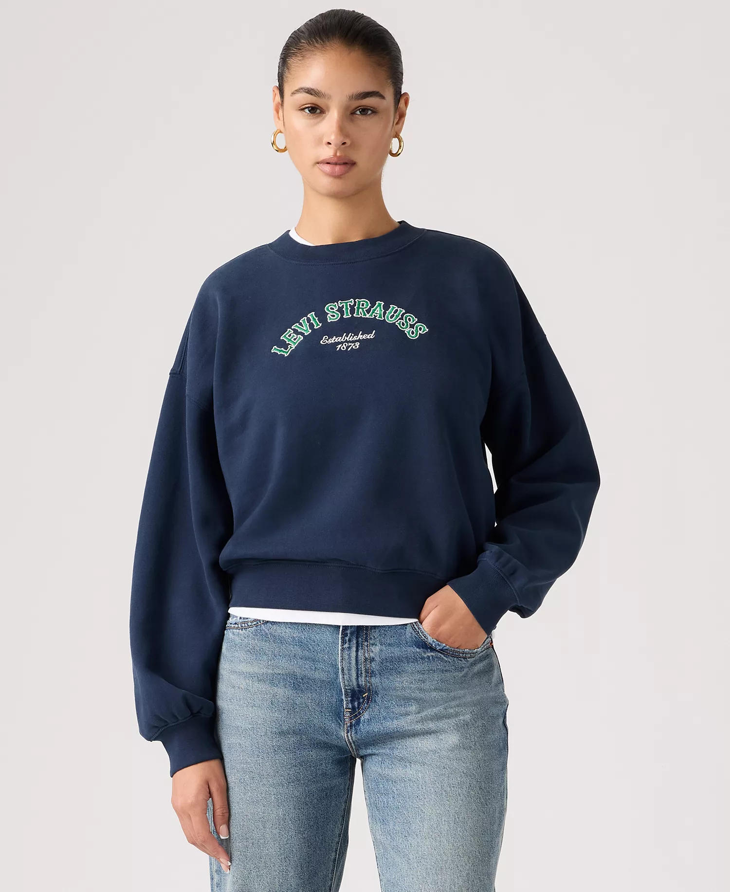 Women's Graphic Boxy Crew Neck Sweatshirt - Crew Western Collegiate Navy Blazer - L