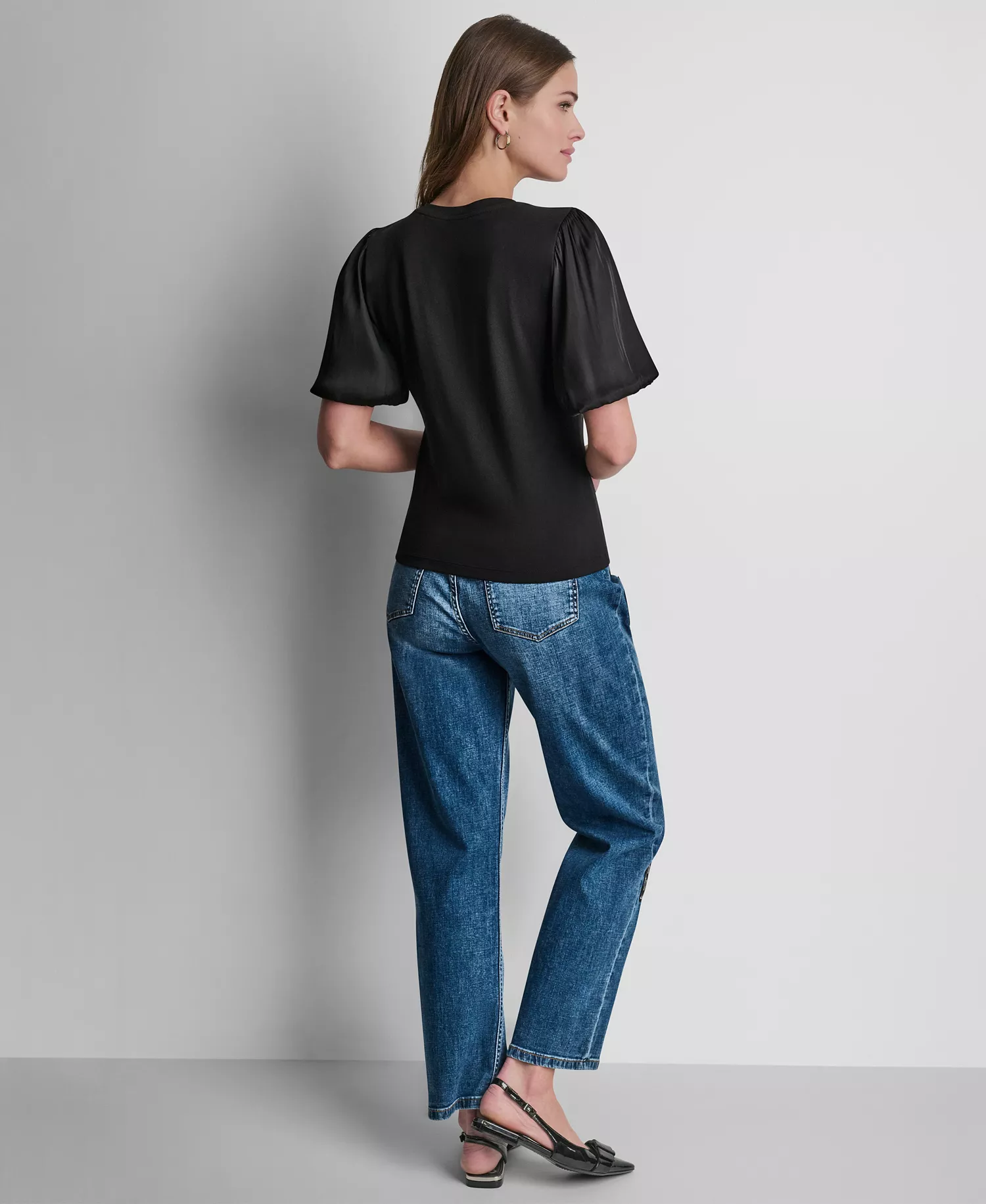 Women's Puffed Crew Neck Mix Media Knit Top - Black - L