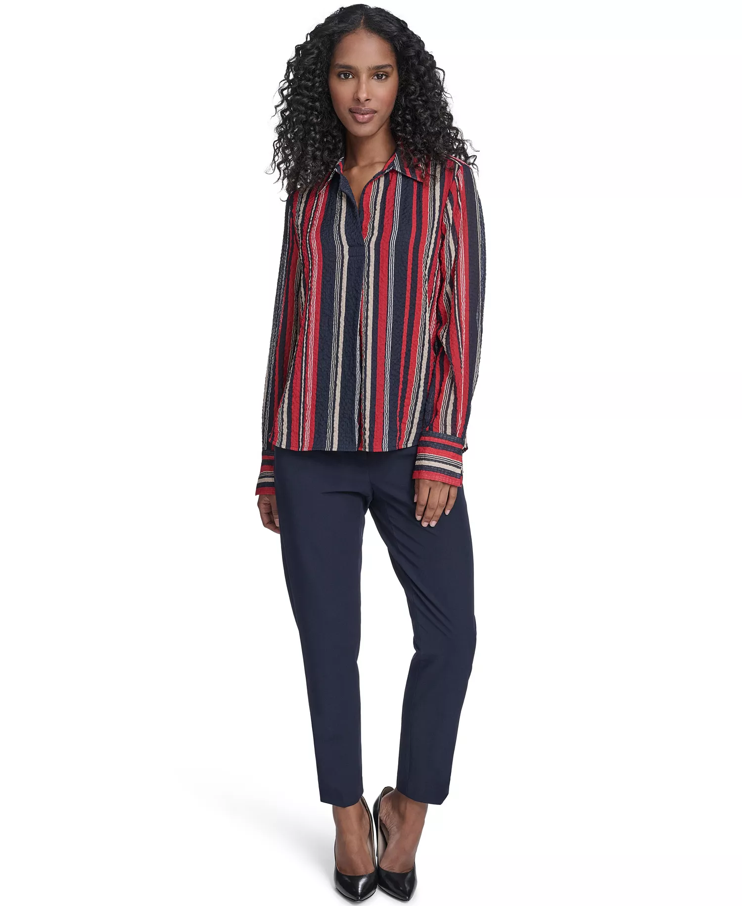 Women's Striped Long Sleeve Pull-On Blouse - Midnight/ Scarlet - L