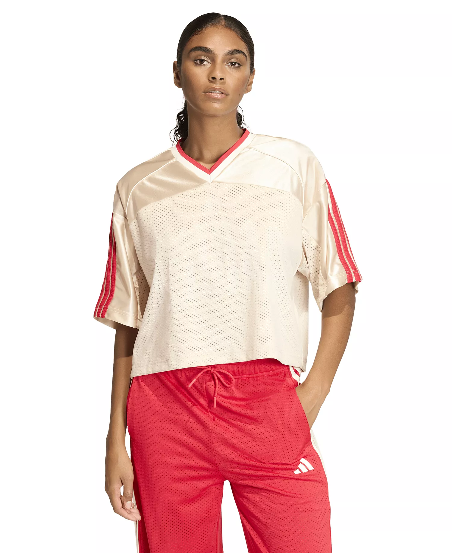 Women's Stadium Mesh Sportswear Loose T-Shirt - Crystal Linen/off White/pure Ruby - 2XL