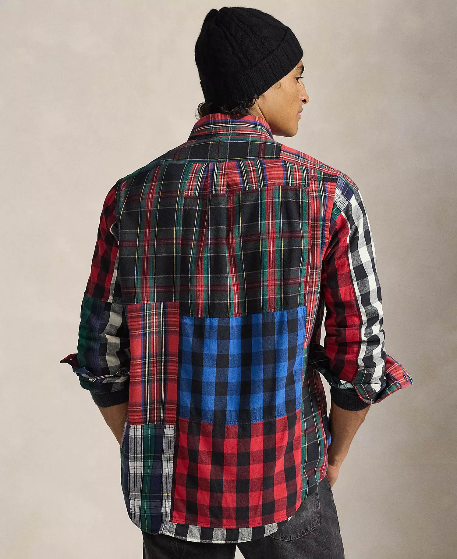 Men's Button-Down Polo Shirt - Holiday Buffalo Patchwork - XS