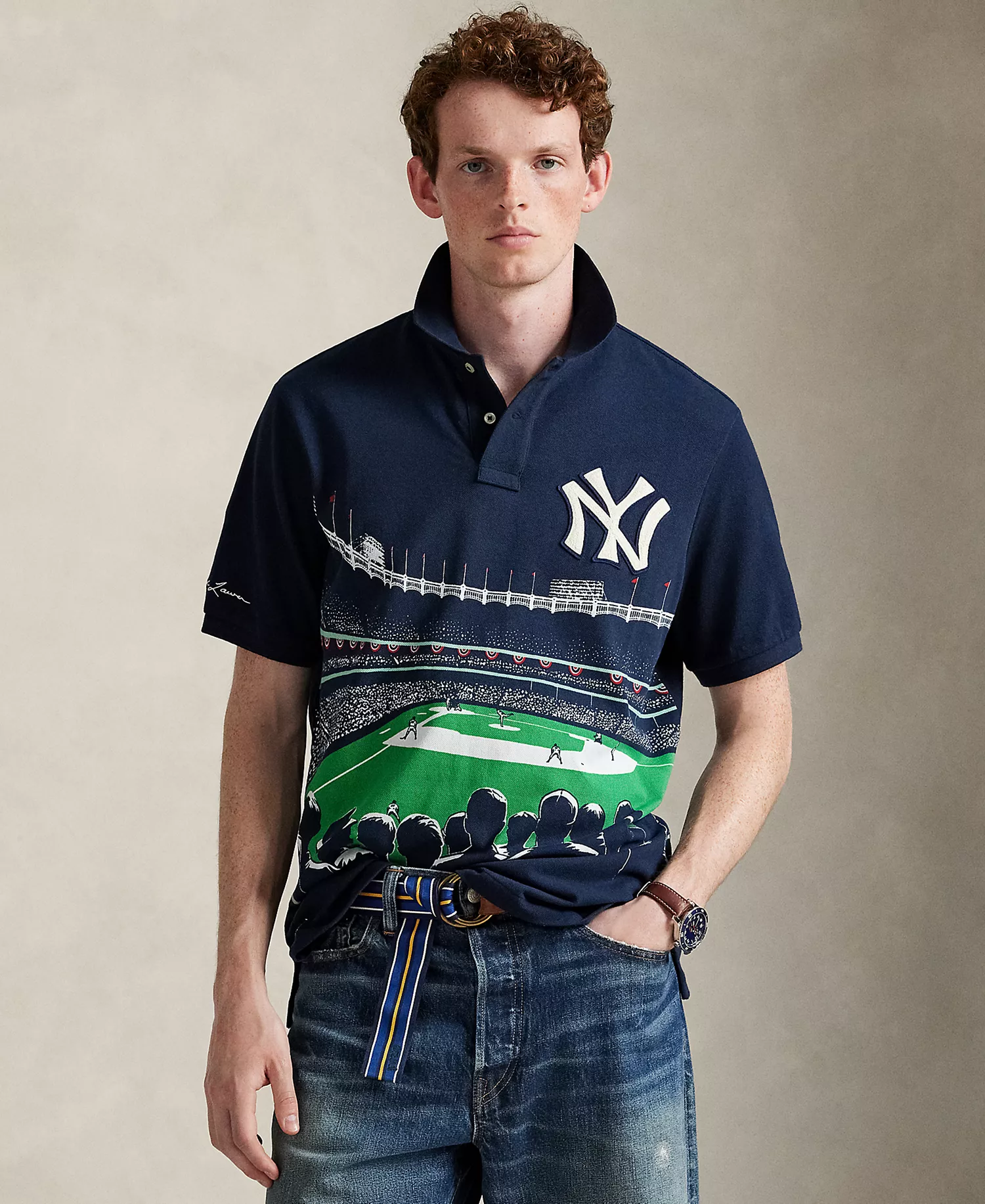 Men's Classic Fit Yankees Polo Shirt - Aviator Navy Poster Print Multi - L