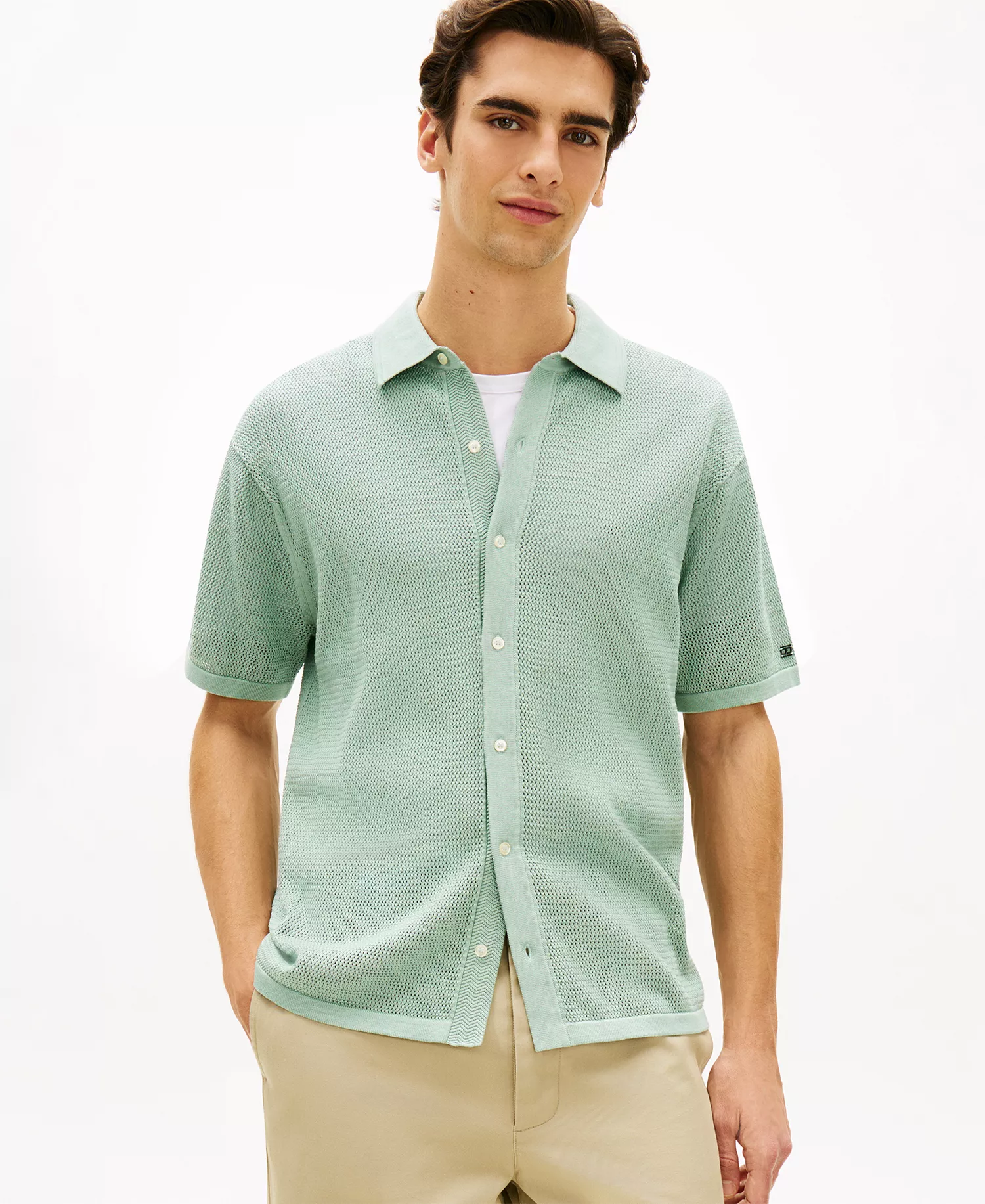 Men's Short-Sleeve Button-Front Cardigan Knit Shirt - Crushed Mint - L