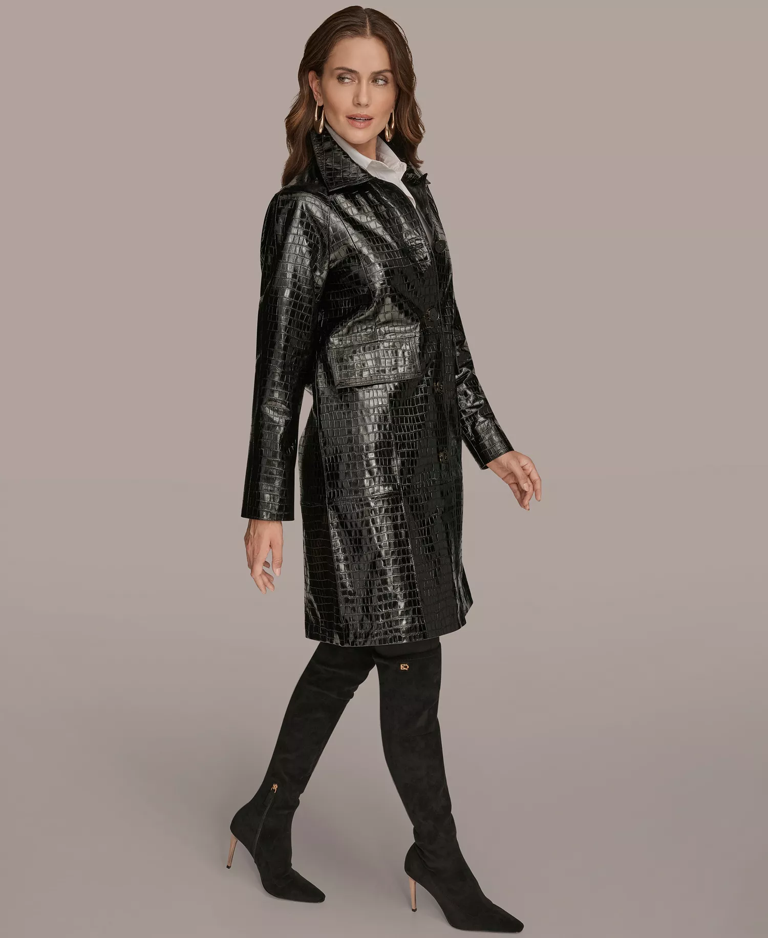 Women's Balmacaan Coat - Black Croc - M