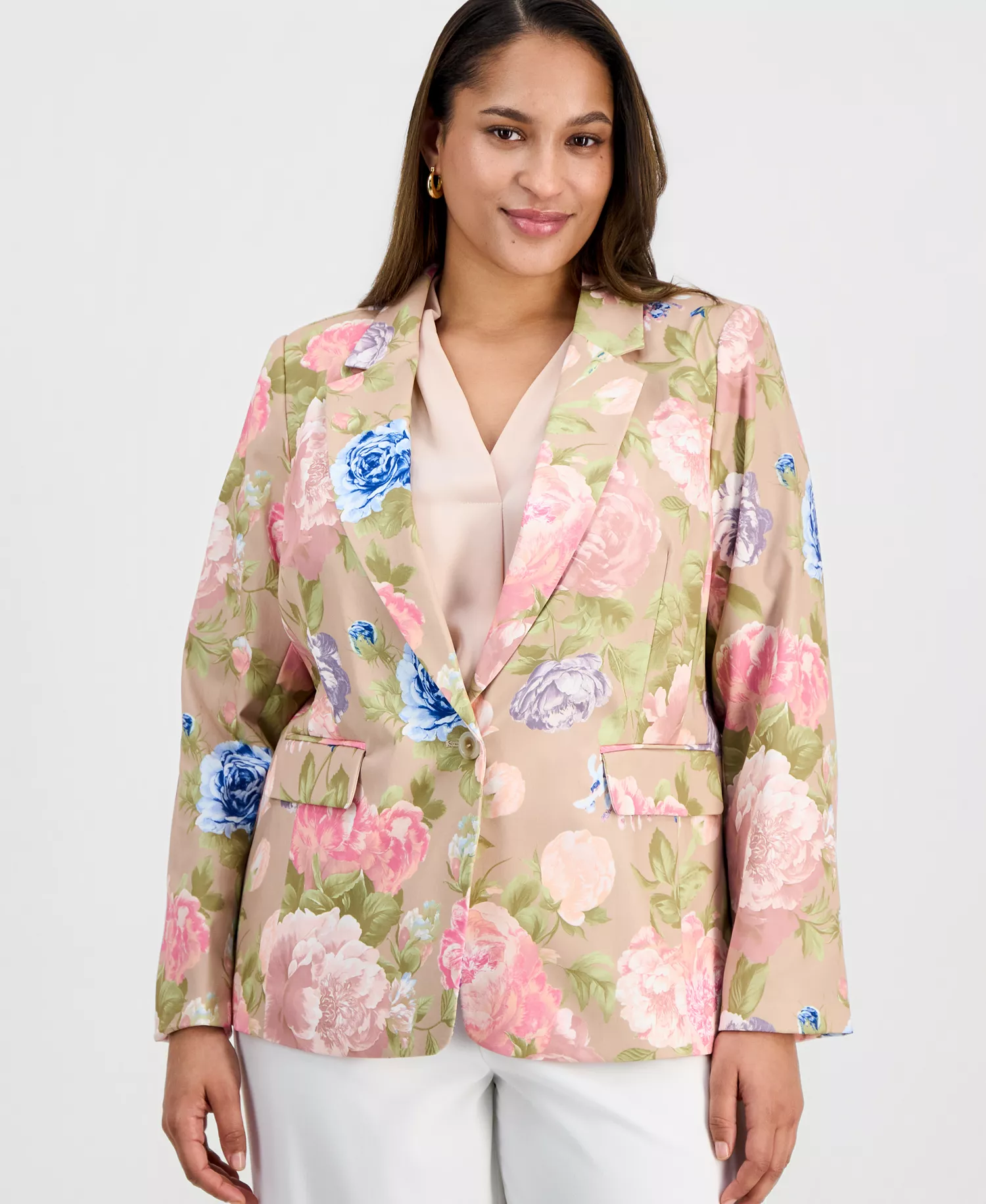 Plus Size Printed Notch-Lapel Satin Blazer - Taupe Multi - 14W