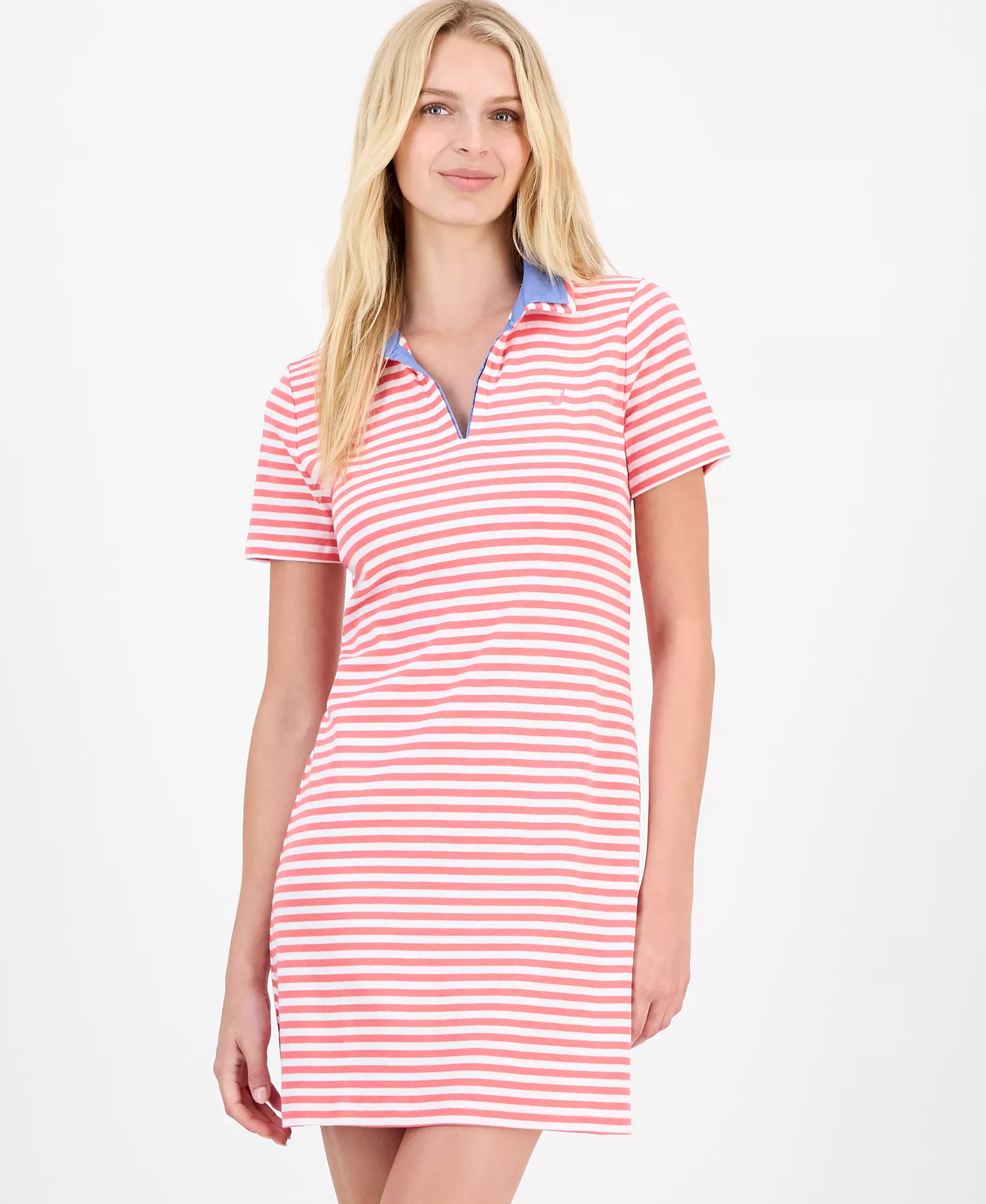 Nautica Women's Striped Polo Dress - Coralie/ Bright White - L