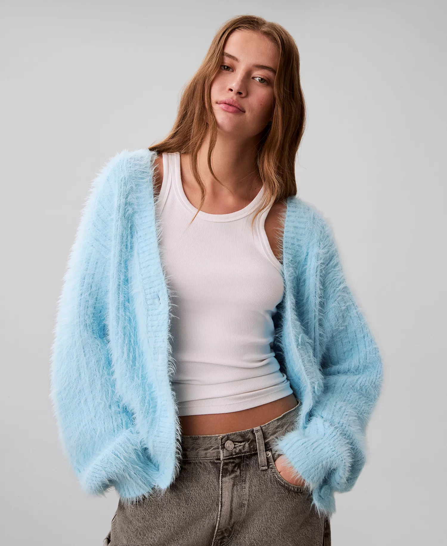 Women's Cropped Relaxed Long-Sleeve Cardigan - Blue Freeze - L