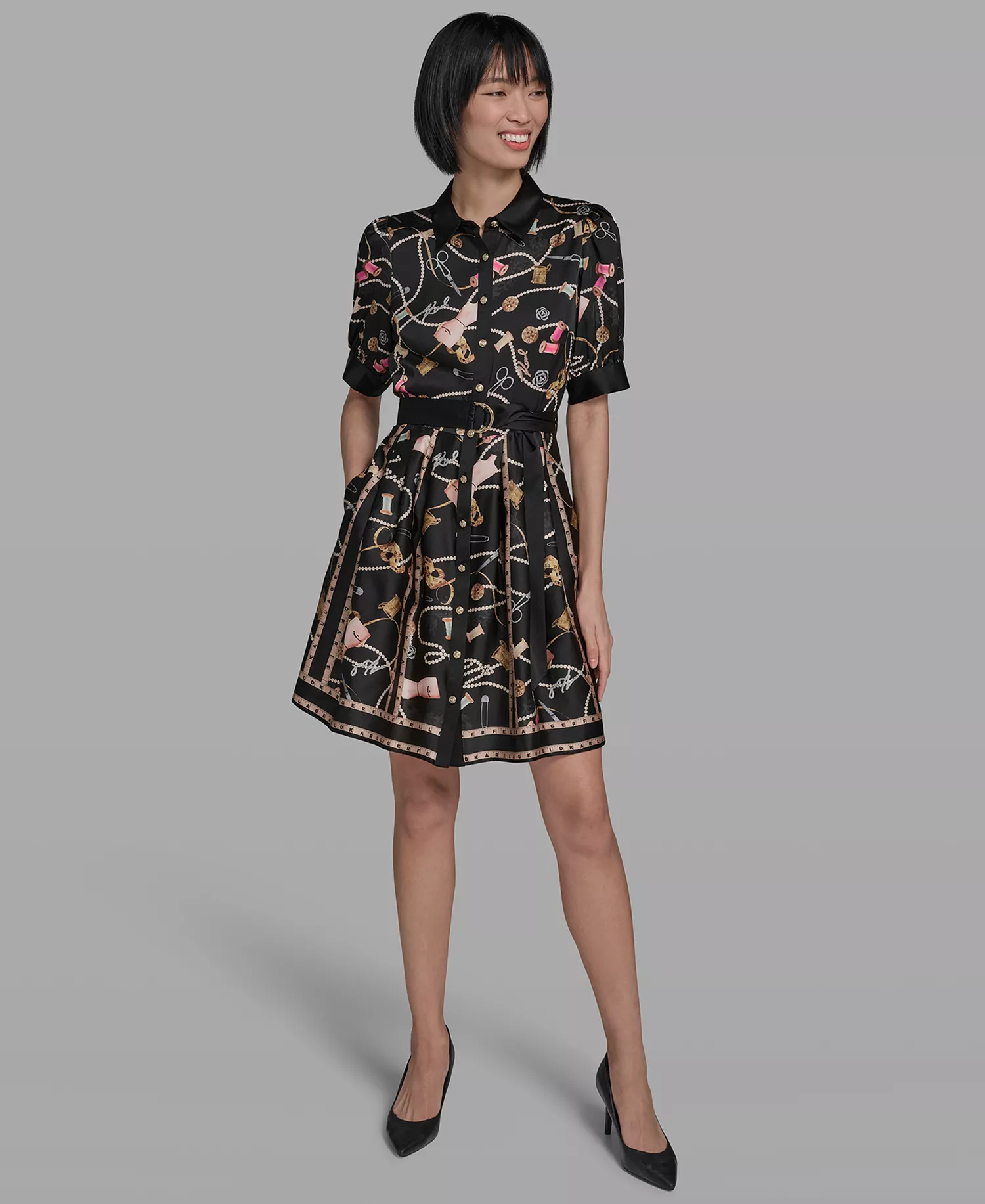 Women's Printed Collared Belt Shirt Dress - Black Combo - 0