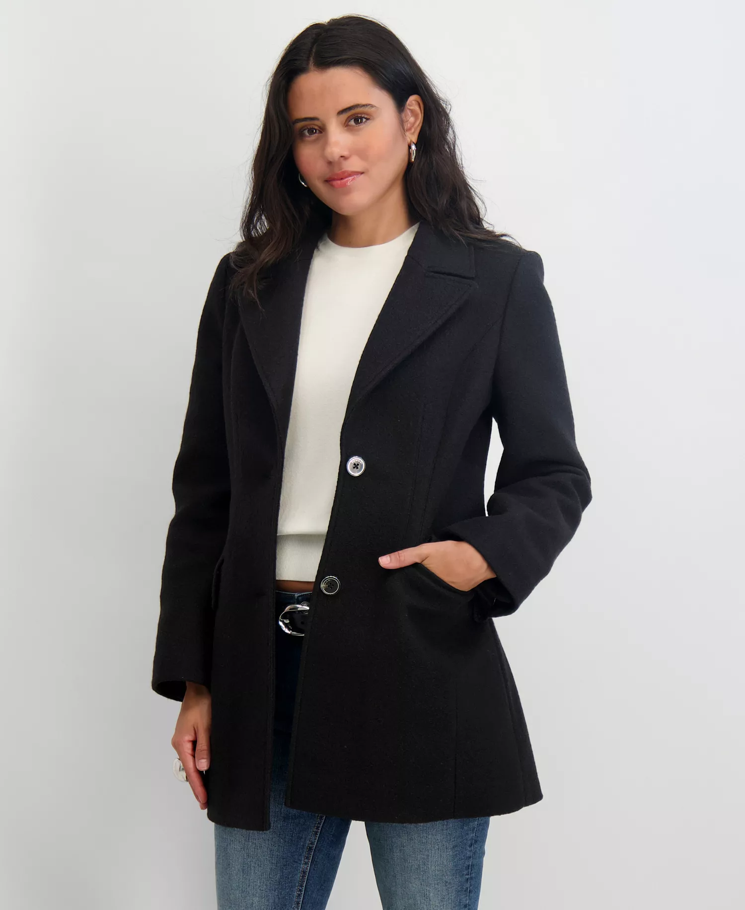 Women's Notched-Collar Single-Breasted Peacoat - Black - L
