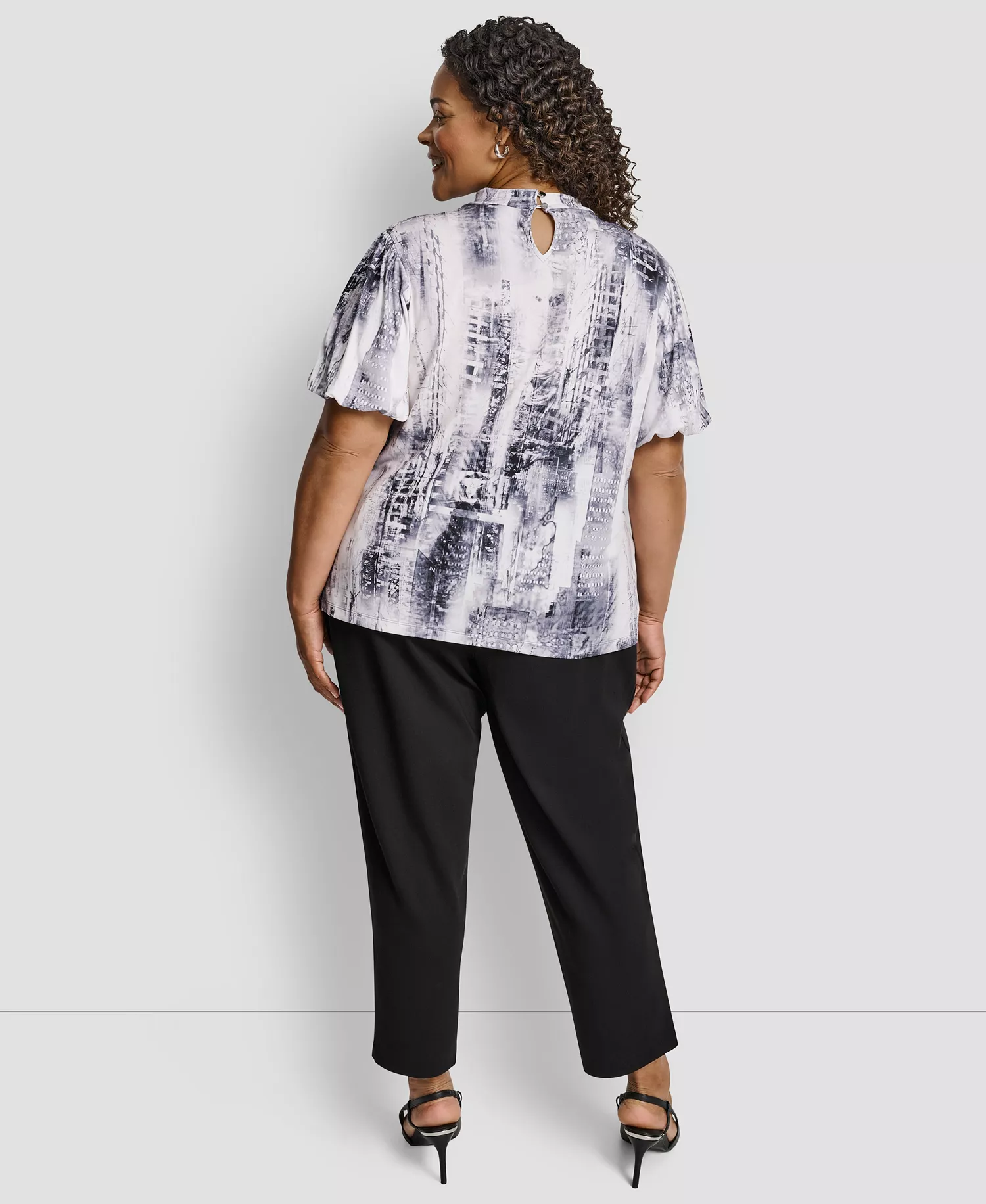 Plus Size Loop Neck Balloon Sleeve Top - Graphite/Stone Gray Multi - 1X