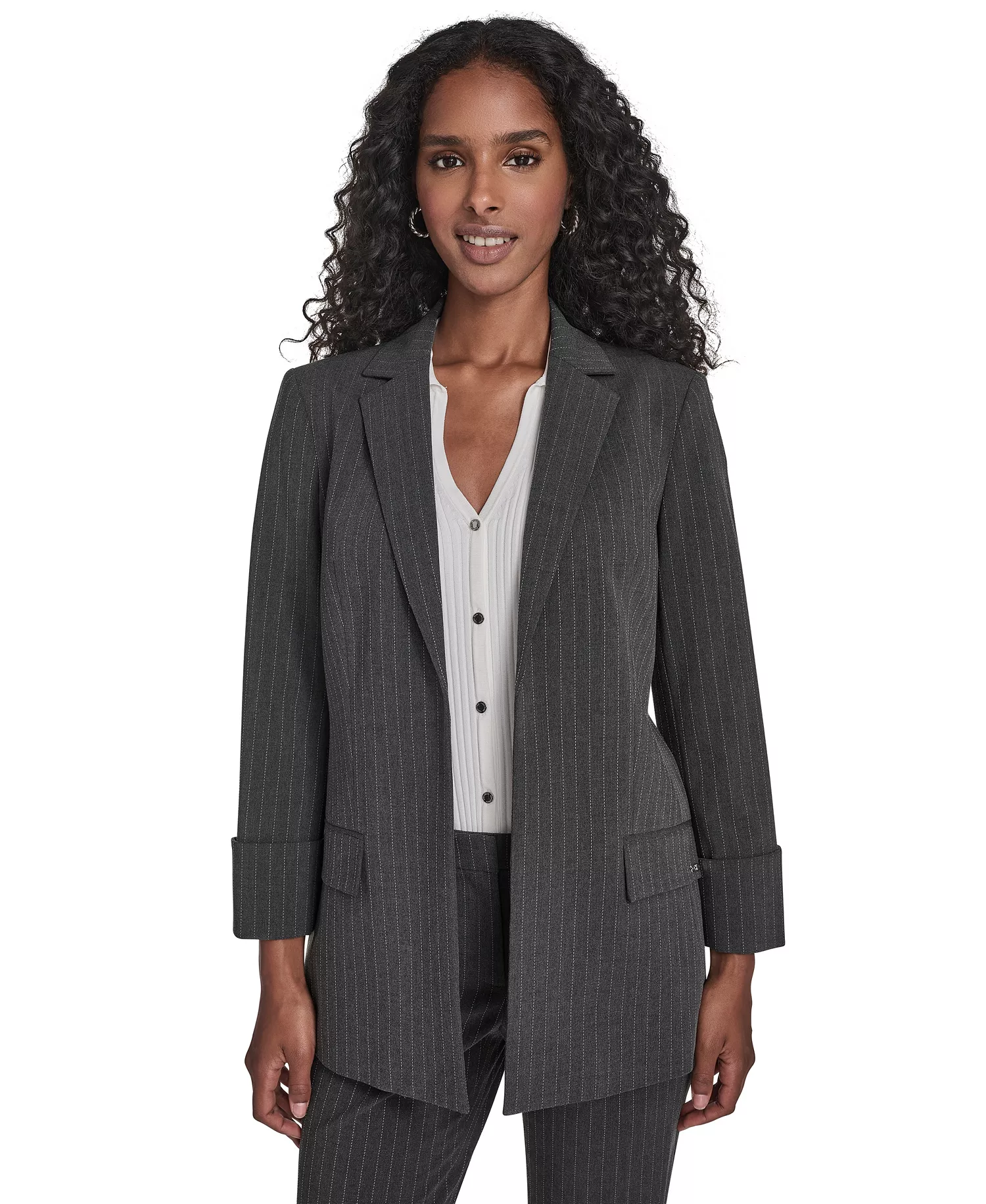 Petite Pinstripe Pattern Rollback Cuff Open Front Jacket - Heather Charcoal Multi - 2P