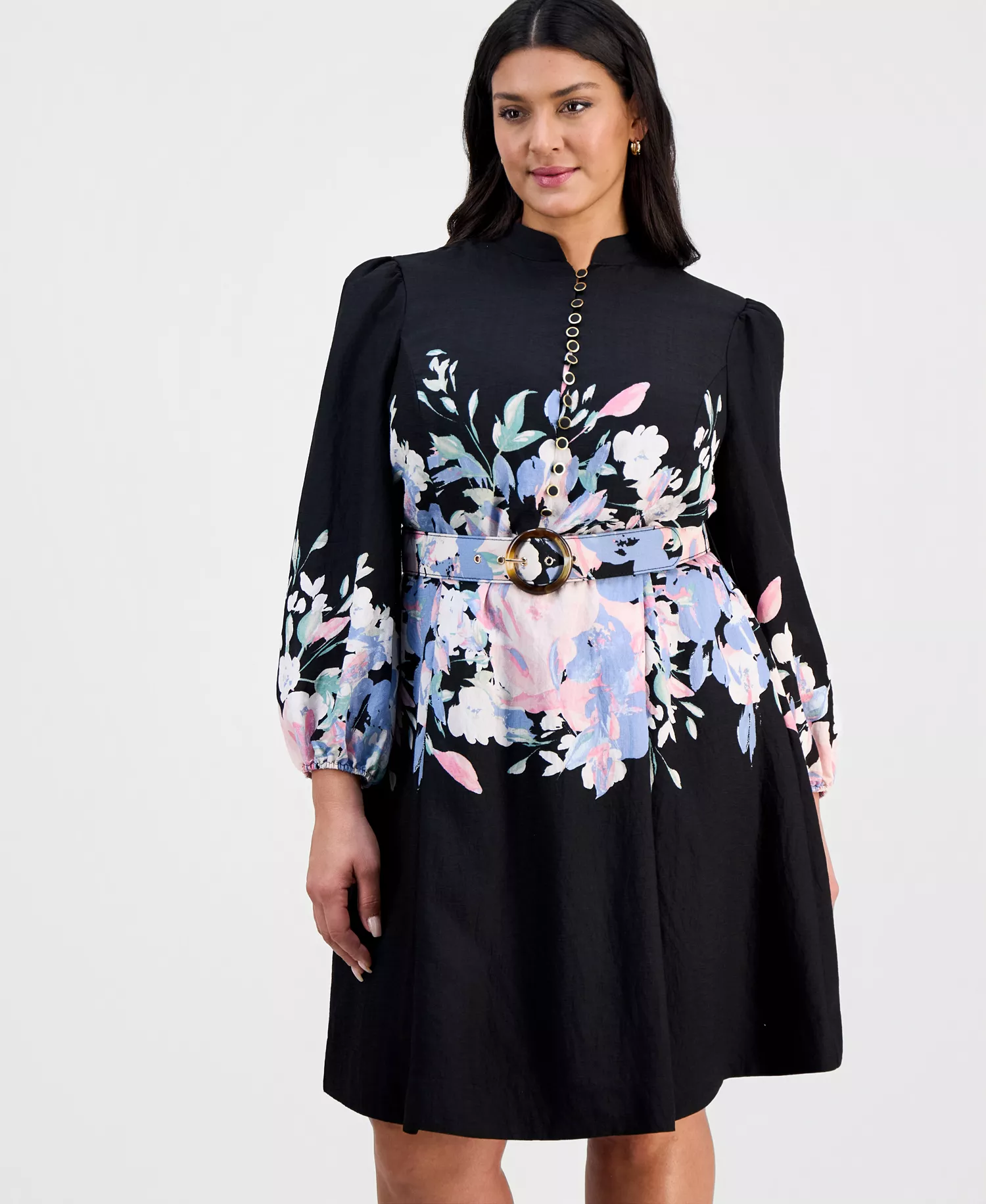 Plus Size Belted Floral Print Fit & Flare Dress - Black Multi - 14W