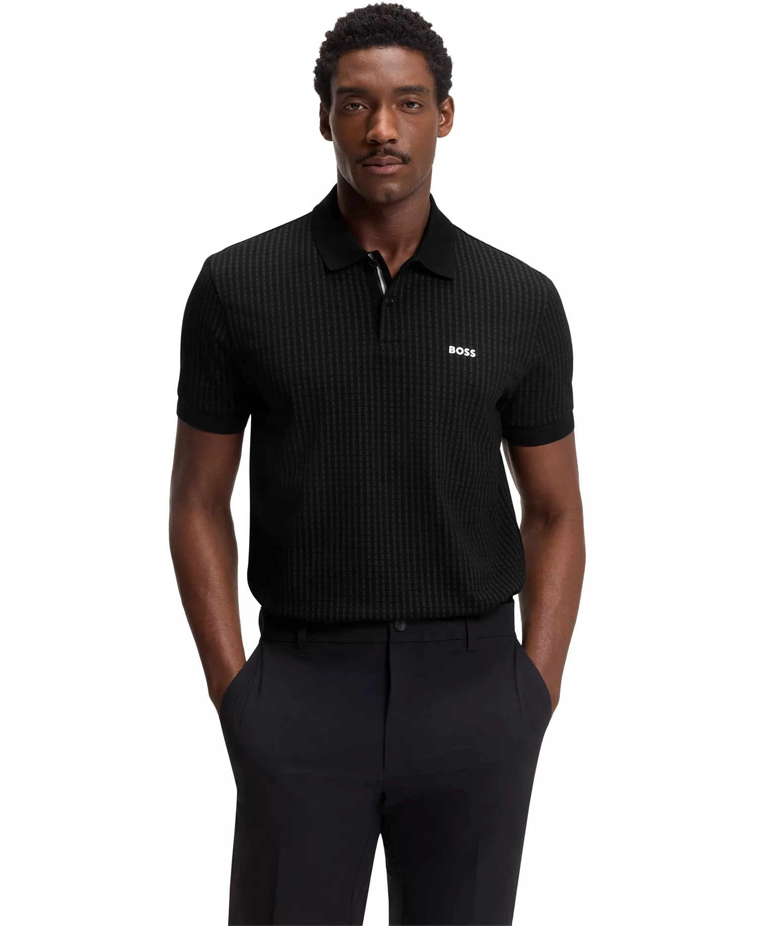 Men's Cotton-Piqué All-Over Print Polo Shirt - Black - 2XL