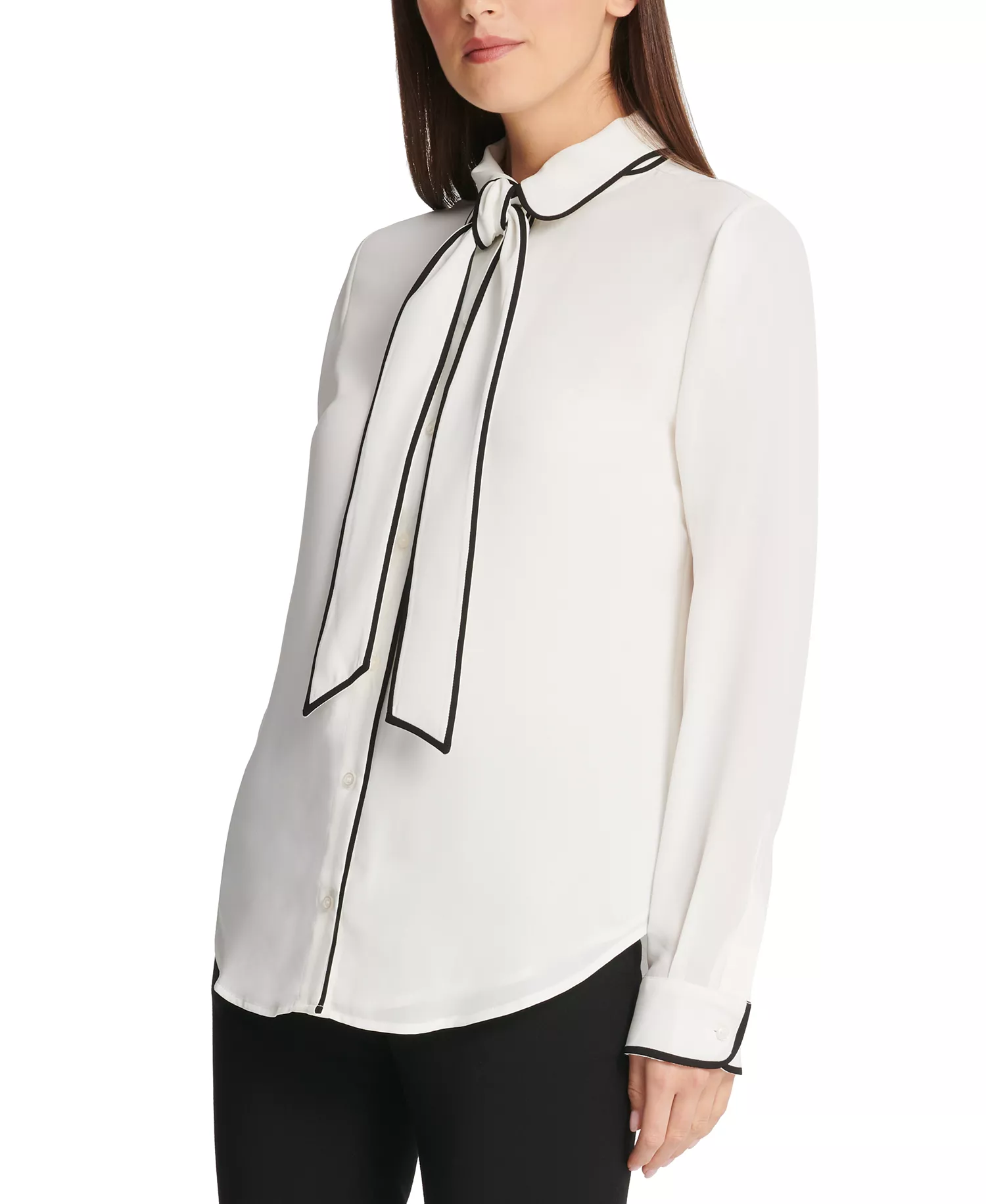 Petite Piped-Trim Button-Up Blouse, Created for Macy's - Linen White/Black - PL