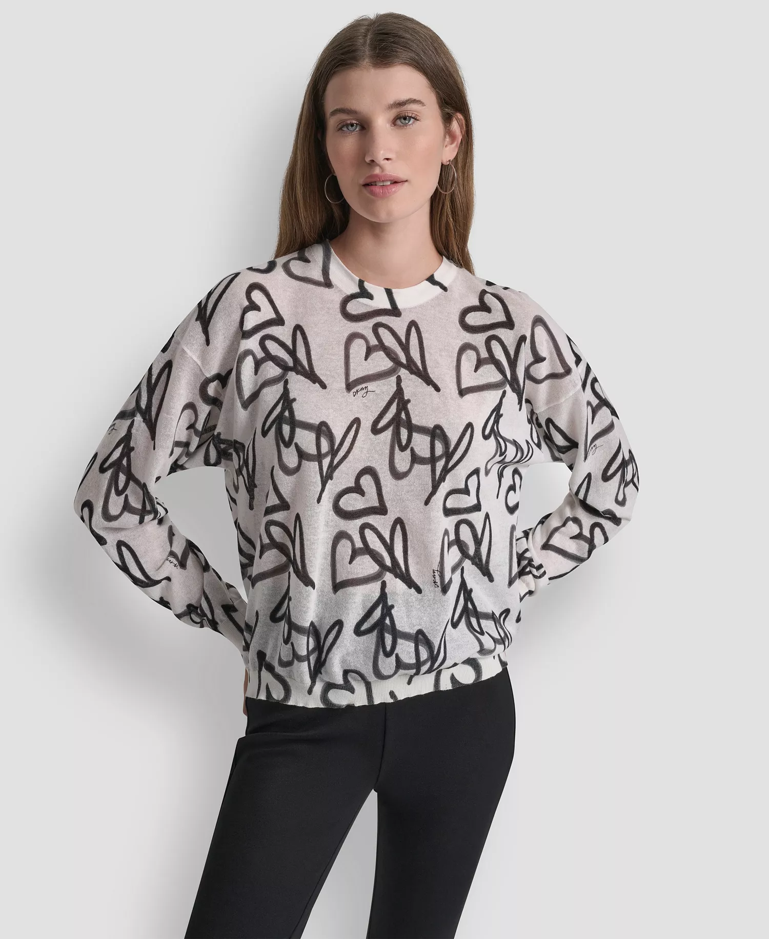 Women's Long-Sleeve Printed Crew Neck Sweater - Ivory/Black - L