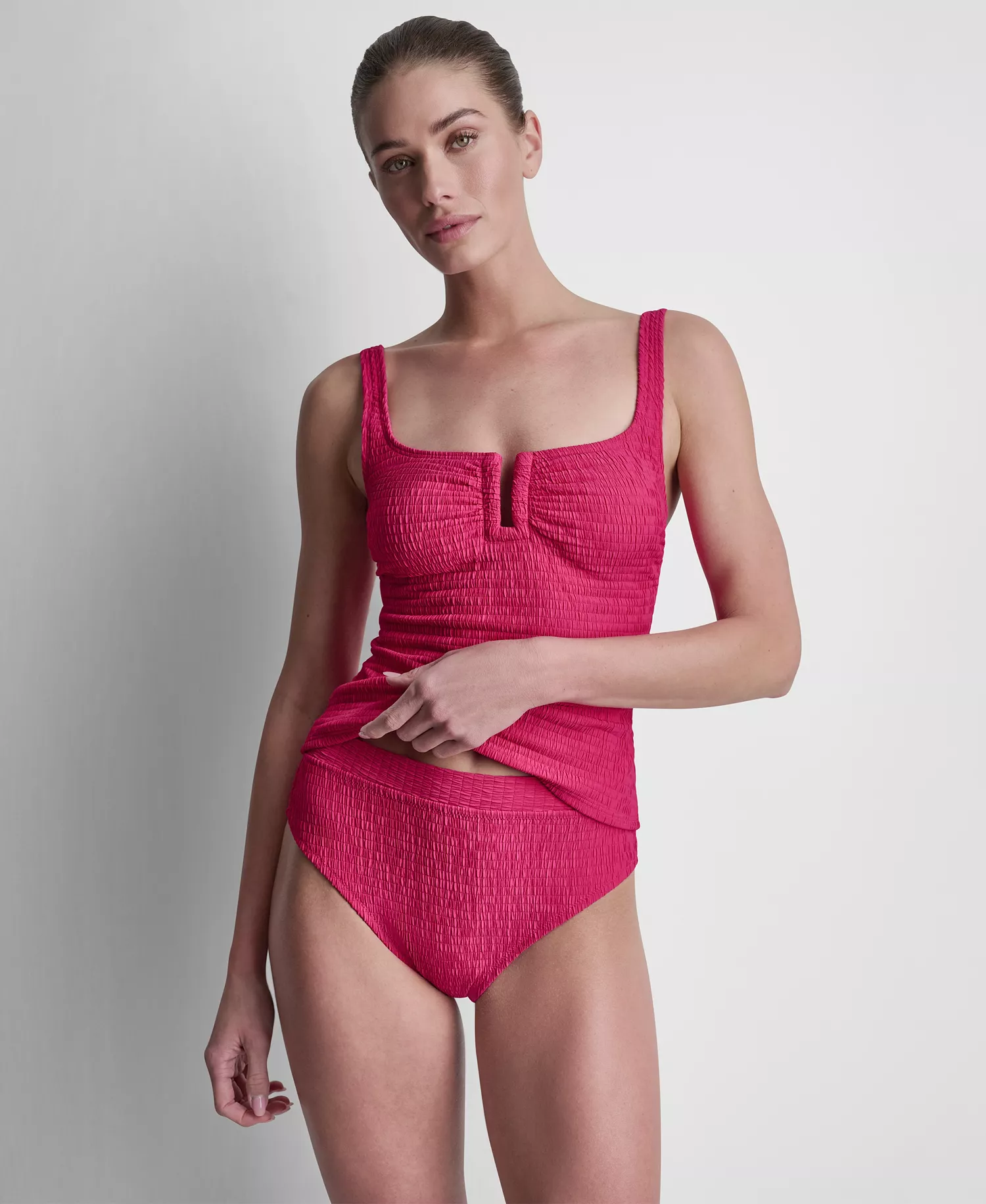 Women's Textured Tankini Top - Black Smocked - L