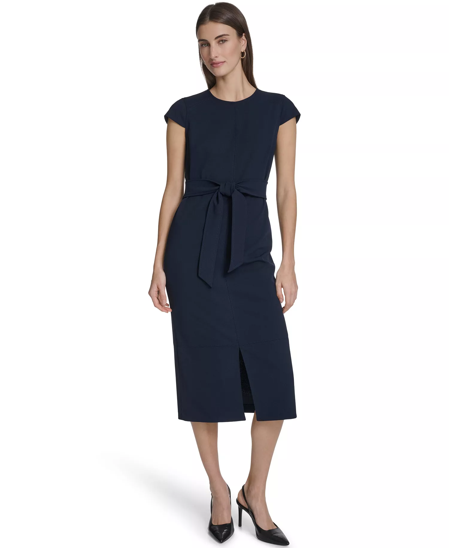 Women's Tie-Front Crew Neck Midi Dress - Indigo - 10