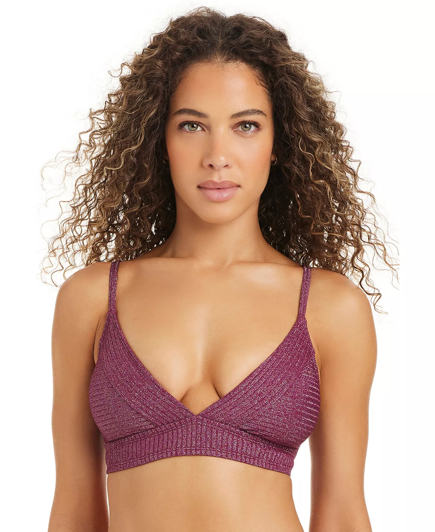 Women's Rib & Shine Over-The-Shoulder Swimsuit Bra, Macy's Exclusive - Burgandy - L