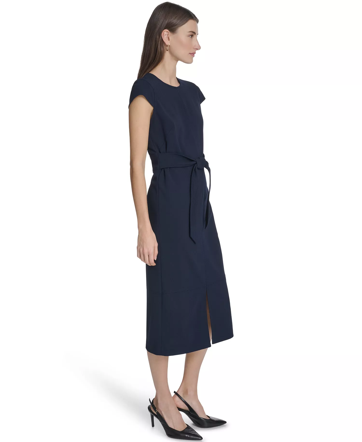 Women's Tie-Front Crew Neck Midi Dress - Indigo - 10
