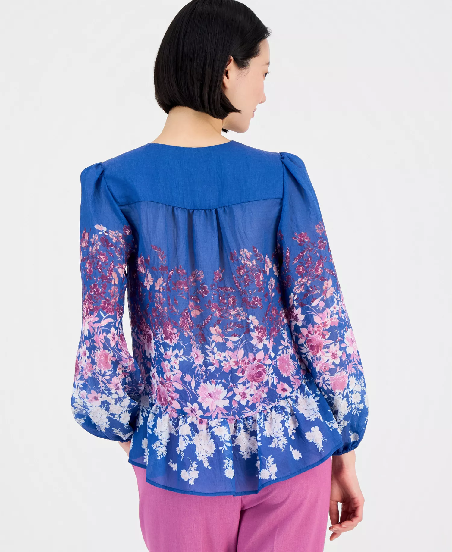 Women's Floral Blouson-Sleeve Peplum Top - Blue Pink White - L