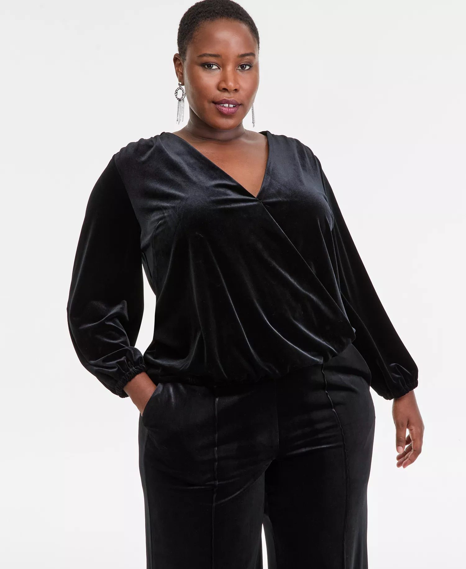 Plus Size Velvet V-Neck Top, Macy's Exclusive - Deep Black - 0X