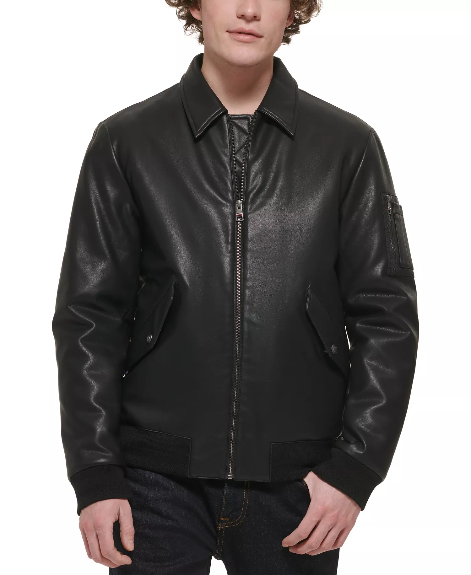 Men's Faux-Leather Bomber Jacket  - Black - L