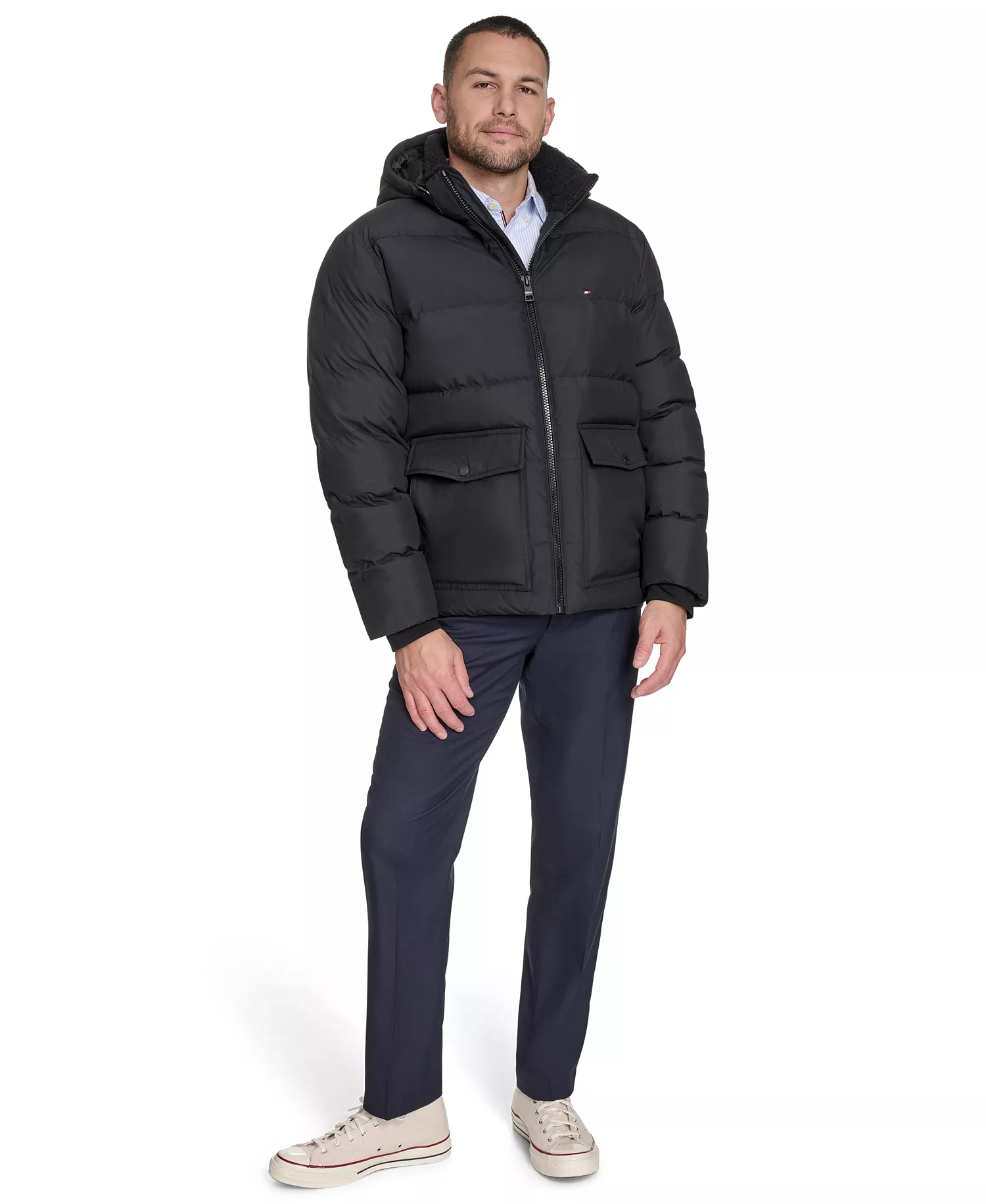 Men's Two Pocket Hooded Puffer Jacket - Black - 2XL
