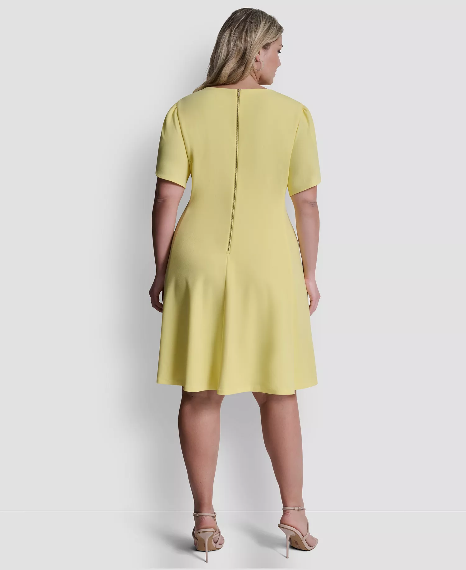 Plus Size Tulip-Sleeve Fit And Flare Jewel Neck Short Dress - Soft Yellow - 14W
