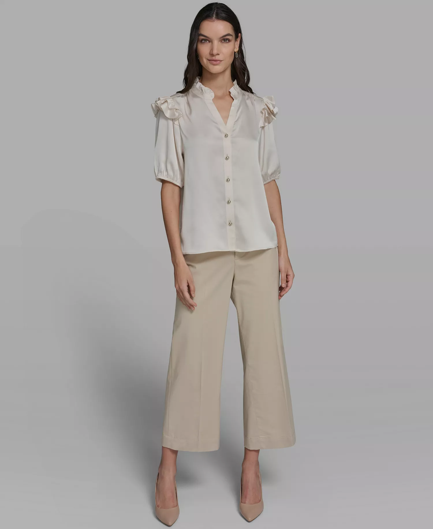 Women's Ruffle Shoulder V-Neck Top - Bisque - L