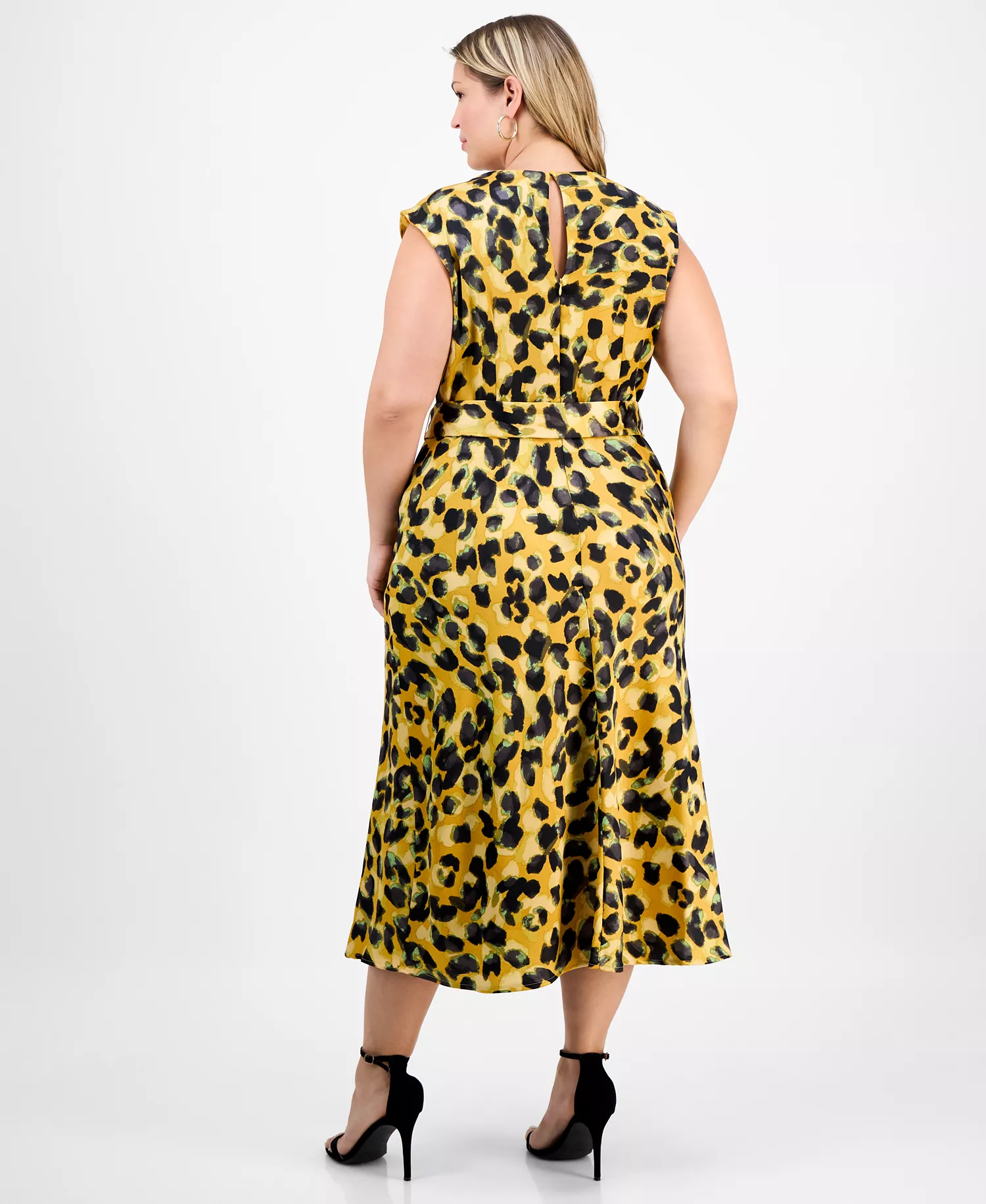 Plus Size Pleat-Neck Waist-Tie Midi Dress - Ginger Leopard - 14W